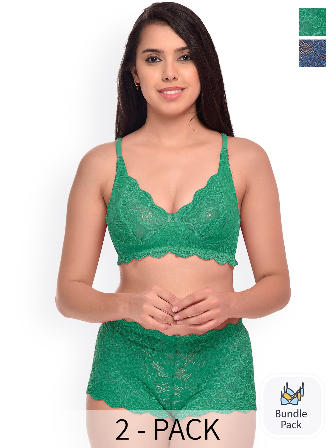 

AROUSY Pack Of 2 Self Design Net Lingerie Sets, Green