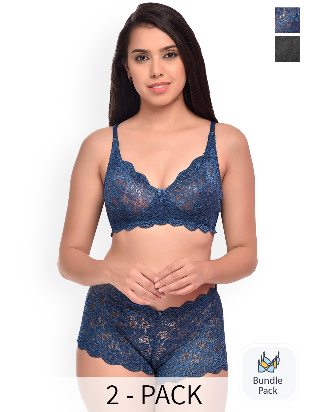 

AROUSY Pack Of 2 Self-Design Net Lingerie Set, Blue