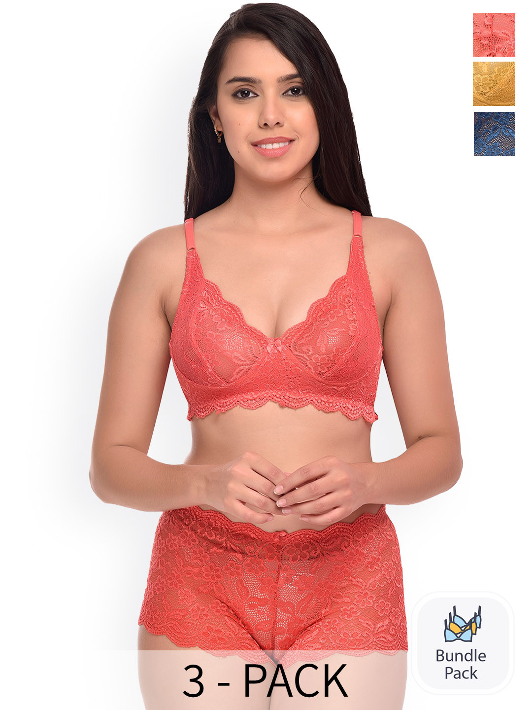 

AROUSY Pack Of 3 Self Design Lingerie Set, Red