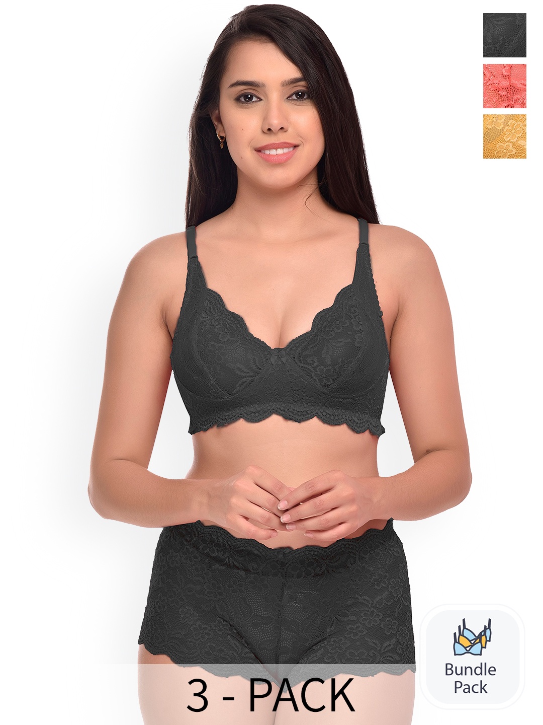 

AROUSY Pack Of 3 Self Design Lingerie Set, Red