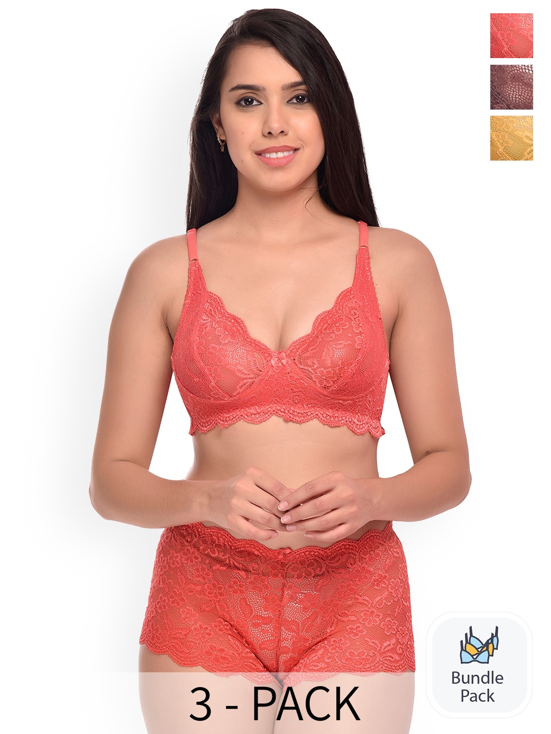 

AROUSY Pack Of 3 Self Design Lingerie Set, Yellow