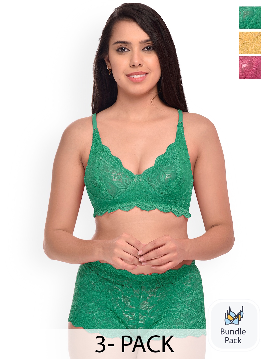 AROUSY Pack Of 3 Self Design Net Lingerie Set, Yellow