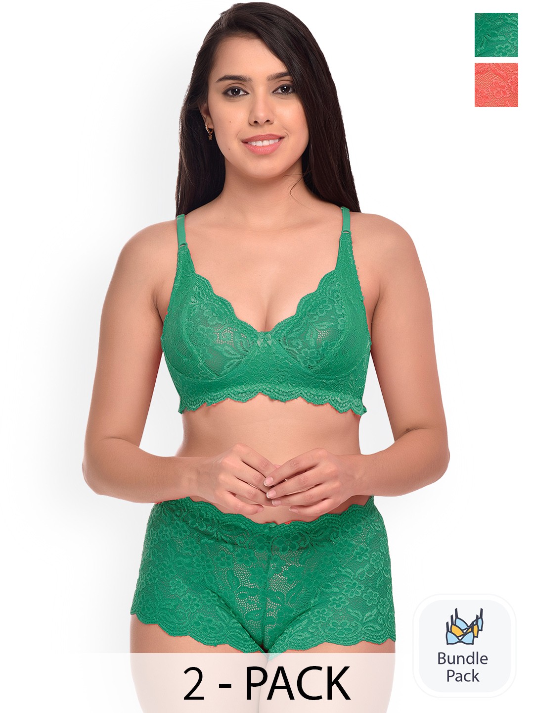 

AROUSY Pack Of 2 Self Design Net Lingerie Set, Red