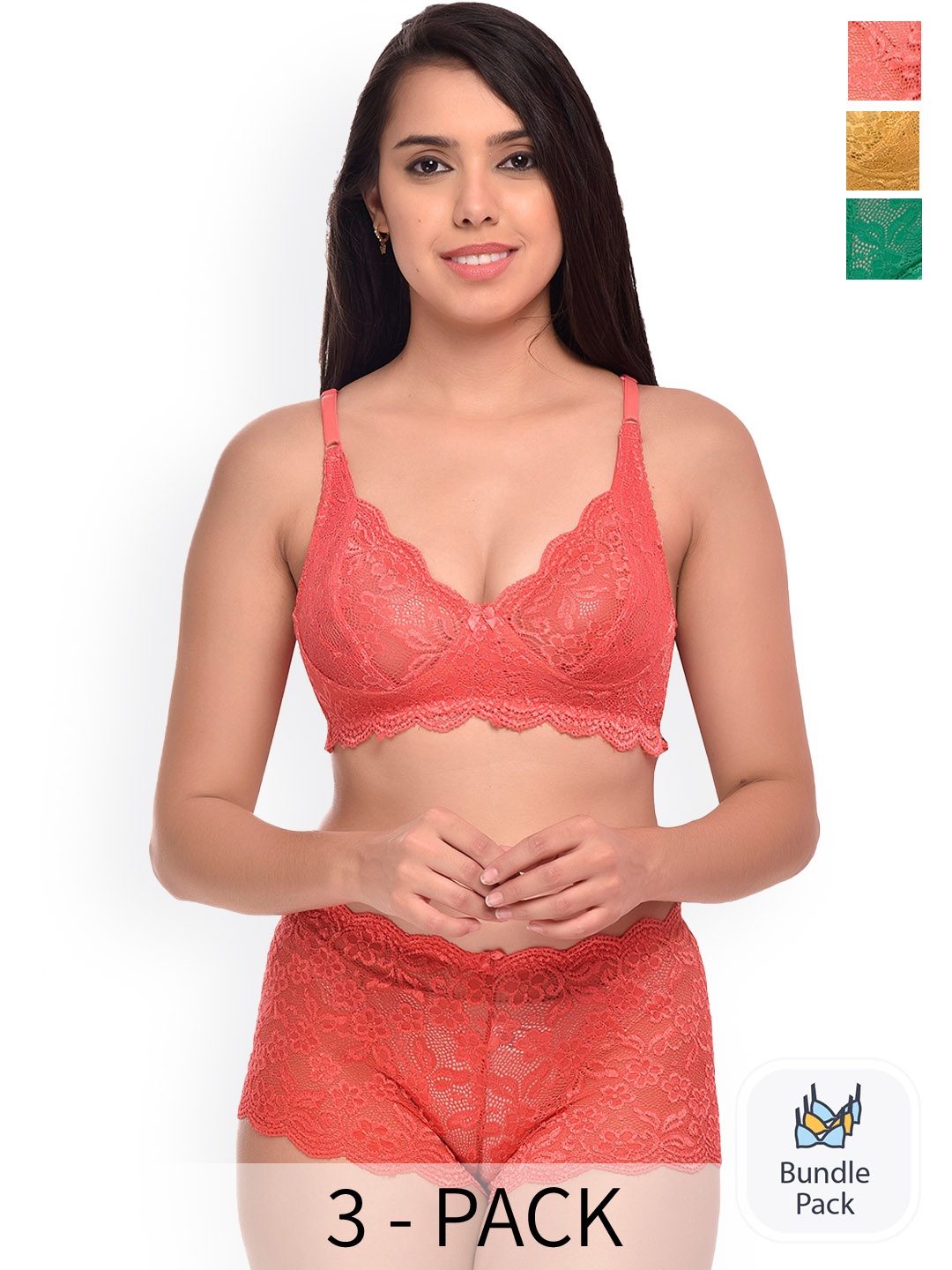 

AROUSY Pack Of 3 Self-Design Net Lingerie Sets, Red