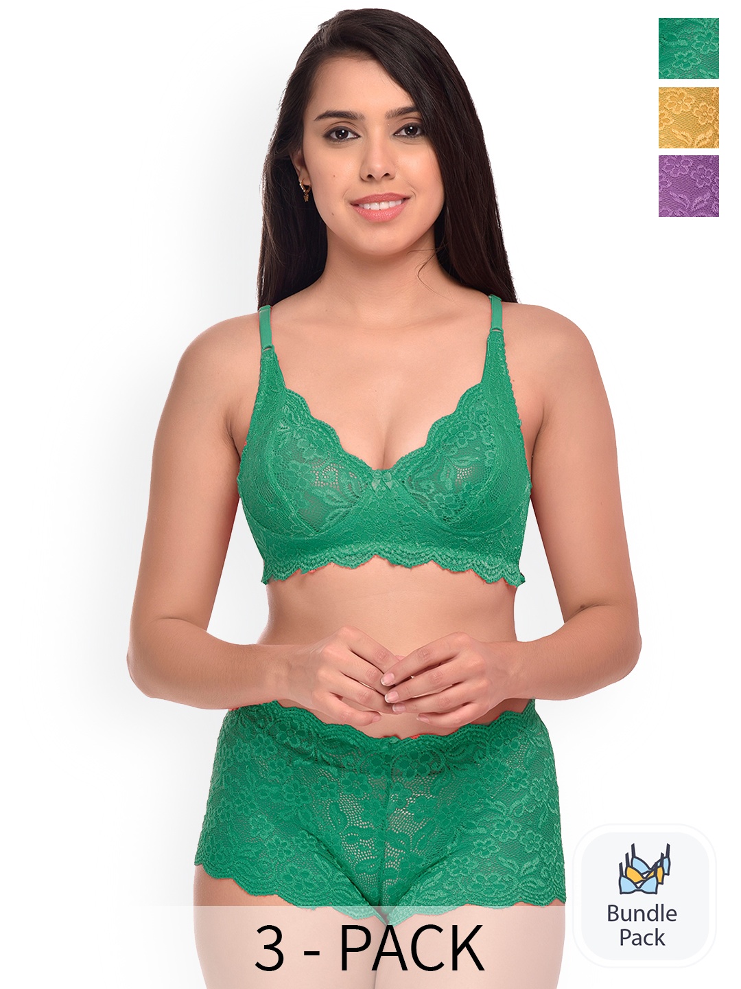 

AROUSY Pack Of 3 Self Design Lingerie Set, Green