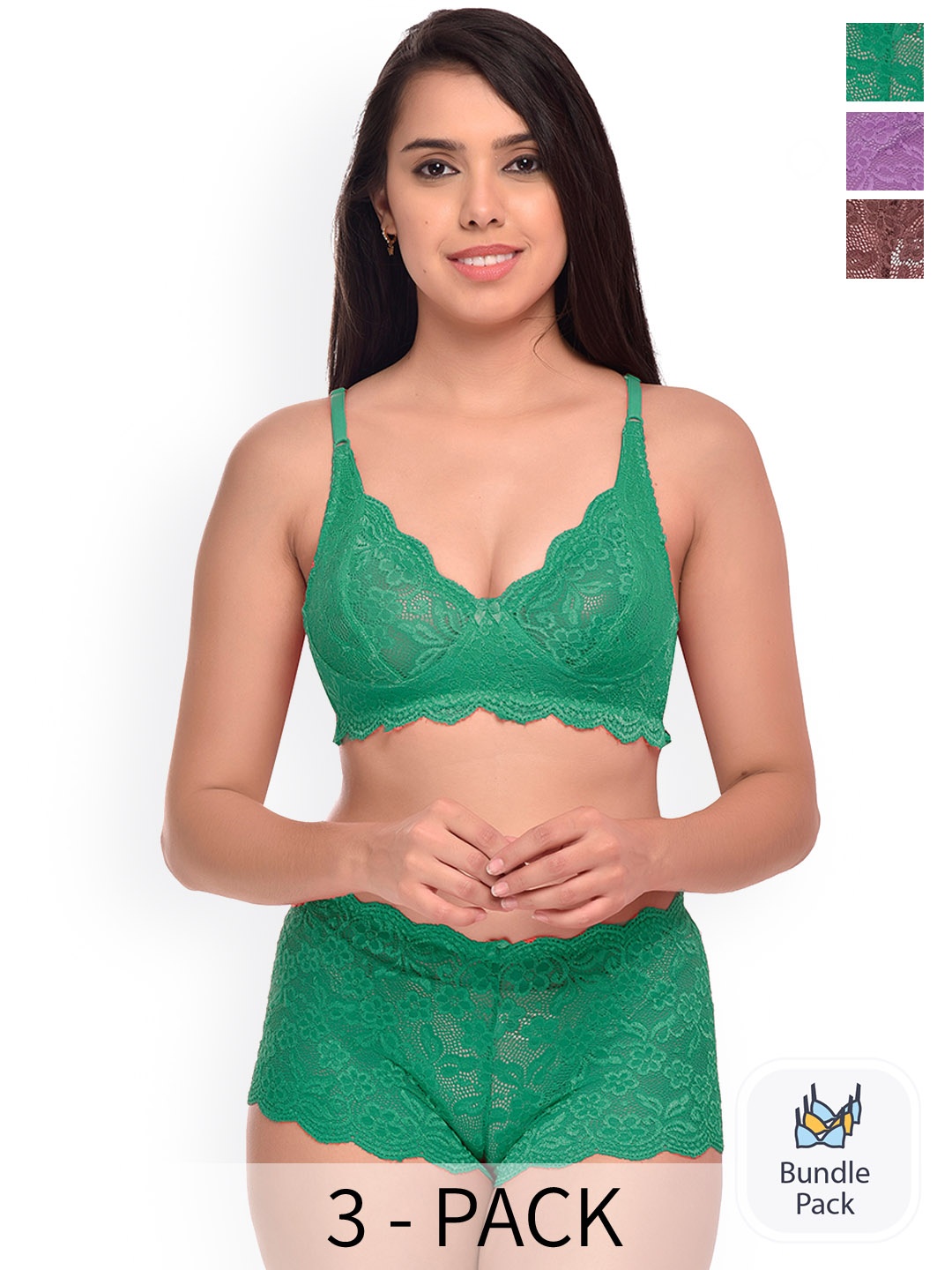 

AROUSY Pack Of 3 Self Design Net Lingerie Sets, Green