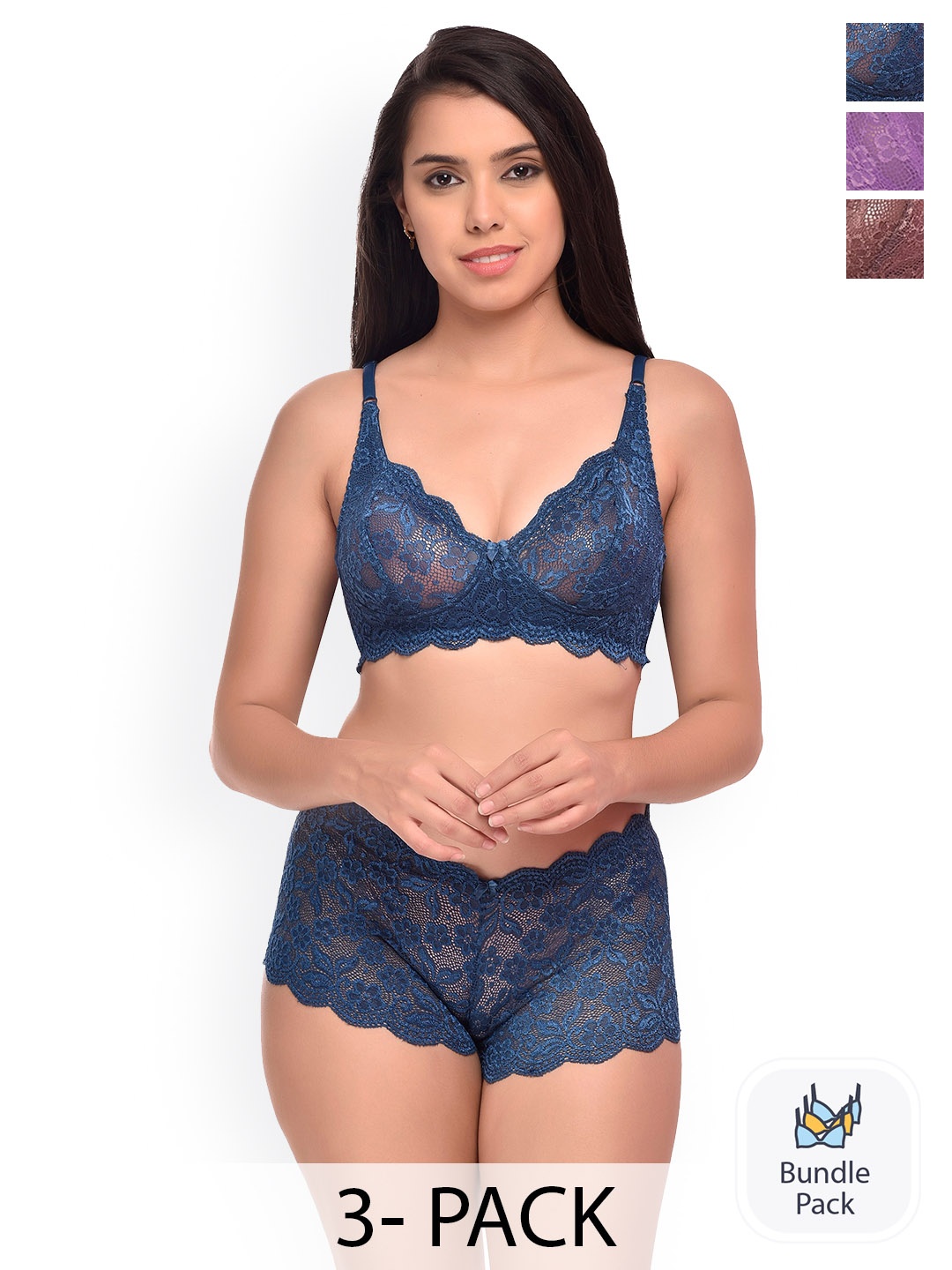 

AROUSY Pack Of 3 Self Design Lingerie Sets, Purple
