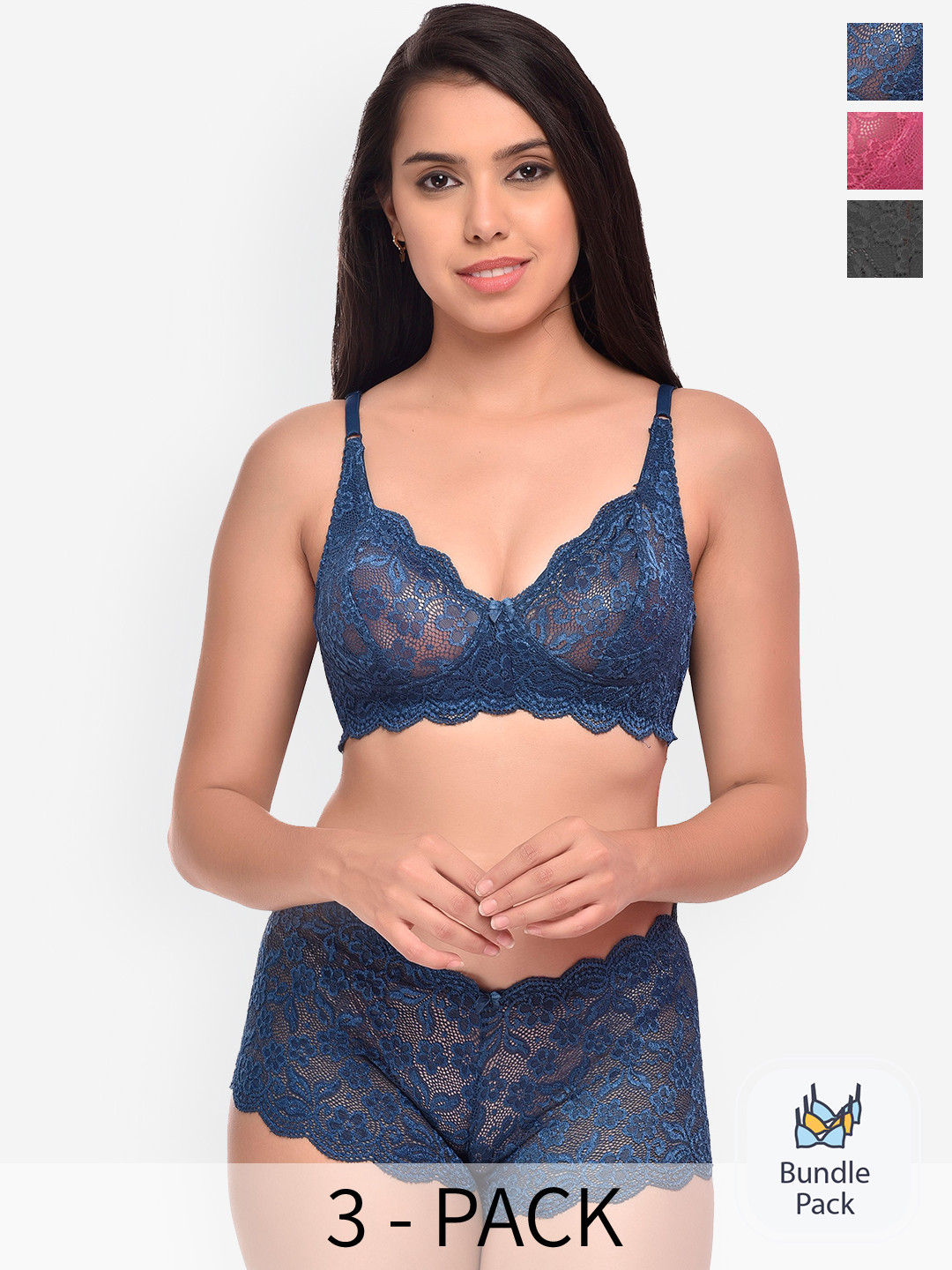 

AROUSY Pack Of 3 Self Design Lingerie Set, Blue