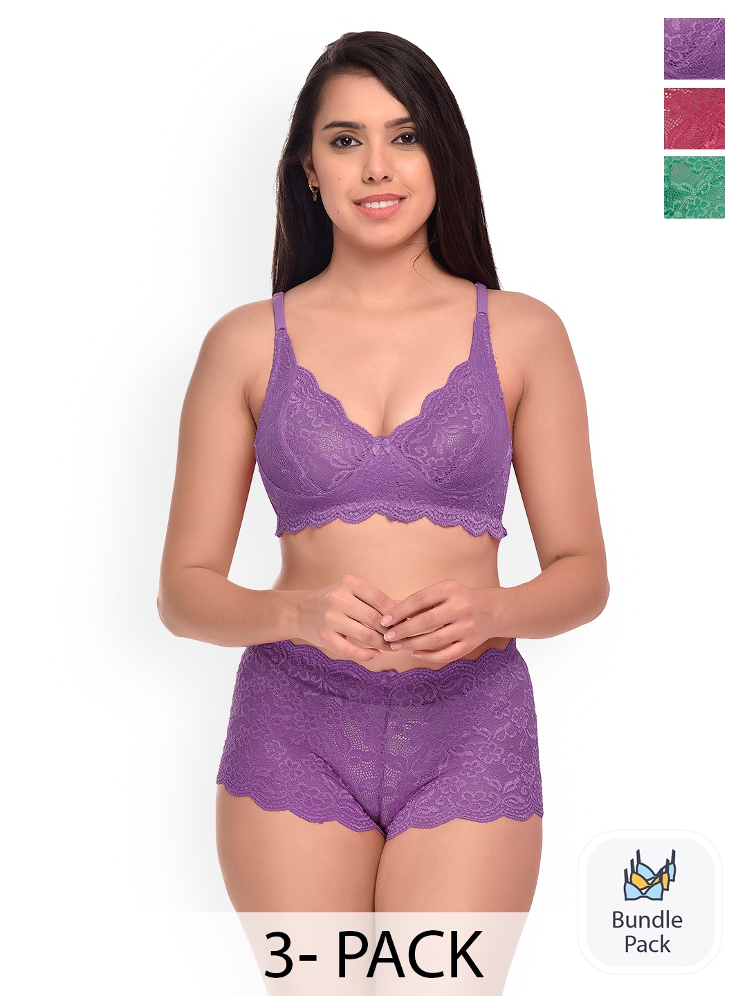 

AROUSY Pack Of 3 Self Design Net Lingerie Set, Purple