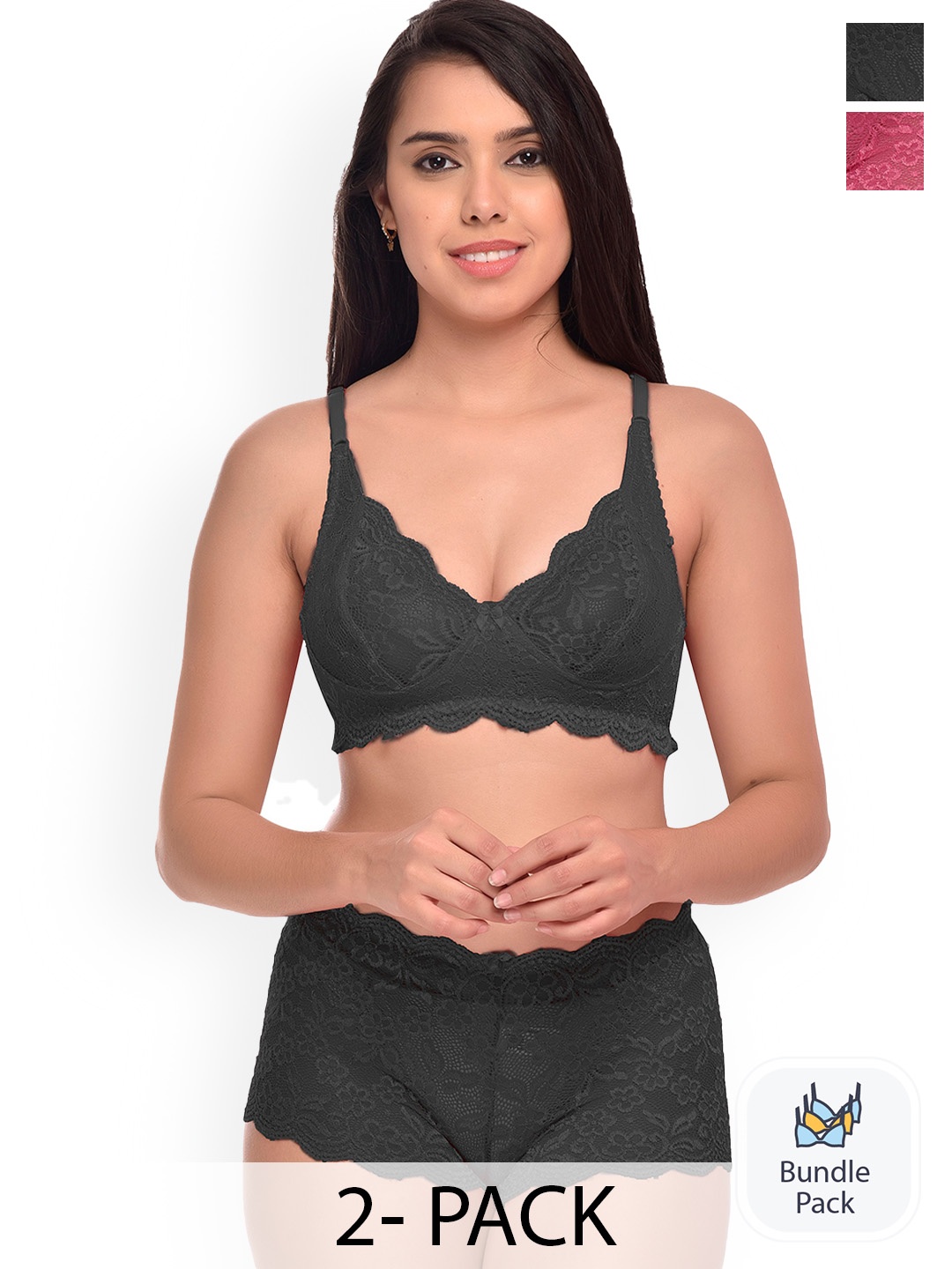 

AROUSY Pack Of 2 Self Design Net Lingerie Set, Black