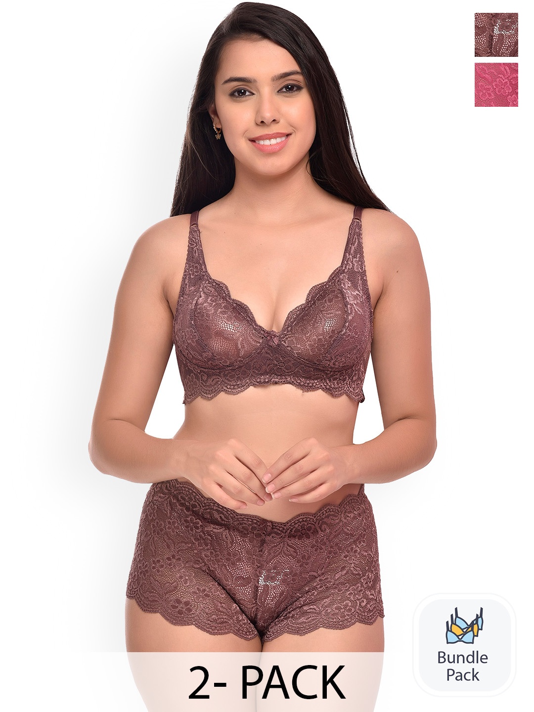 

AROUSY Pack Of 2 Self Design Lingerie Set, Pink