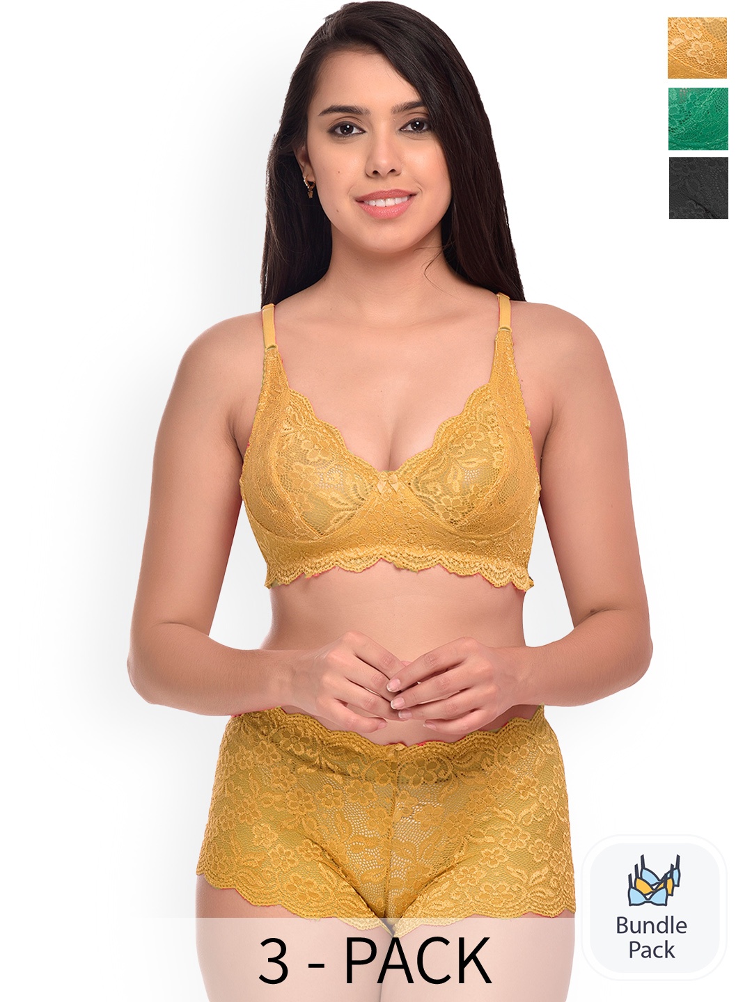 

AROUSY Pack Of 3 Self-Design Lingerie Set, Yellow