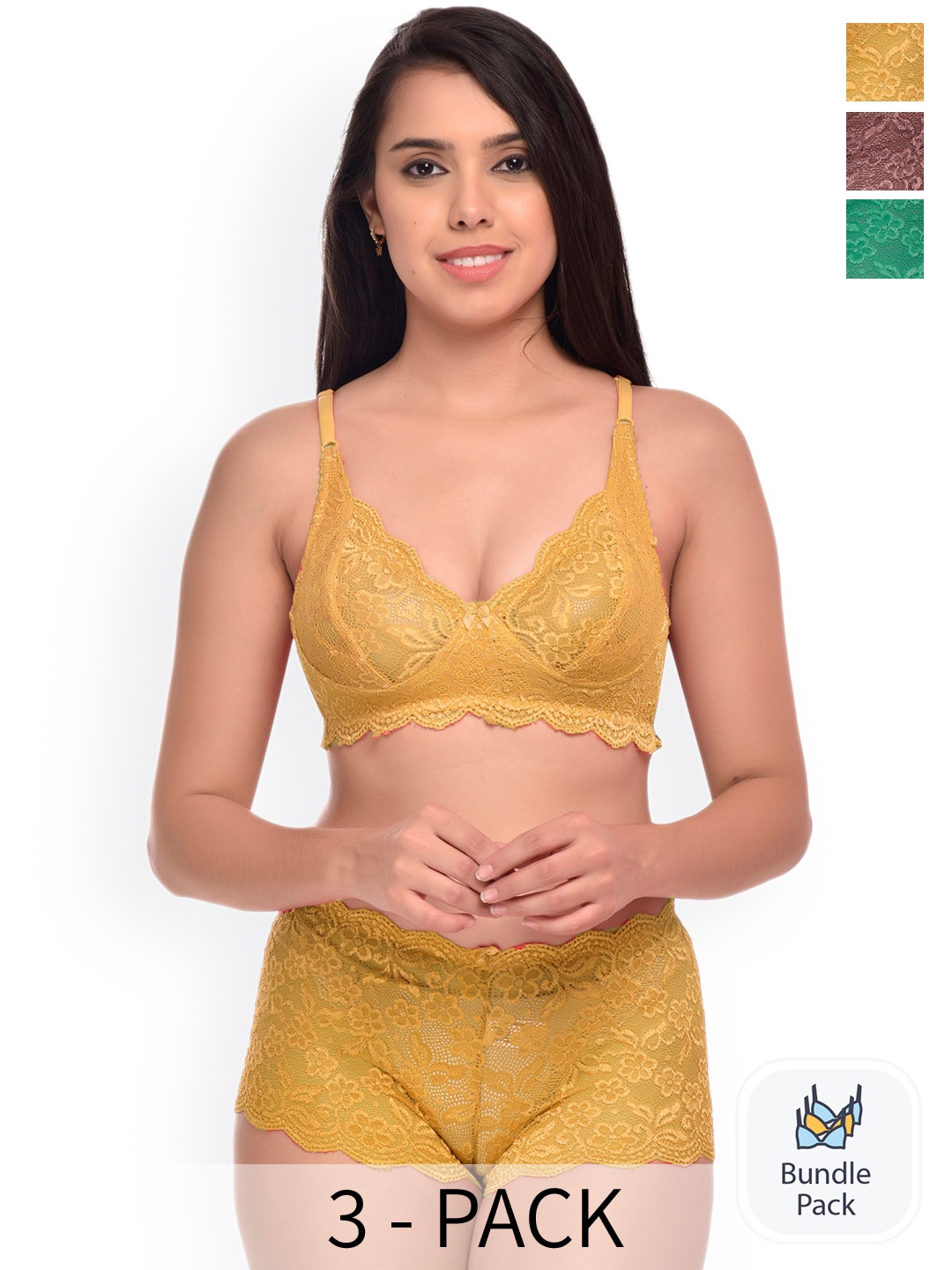 

AROUSY Pack Of 3 Self Design Lingerie Set Rain-Set_Yellow,Green,Maroon_30