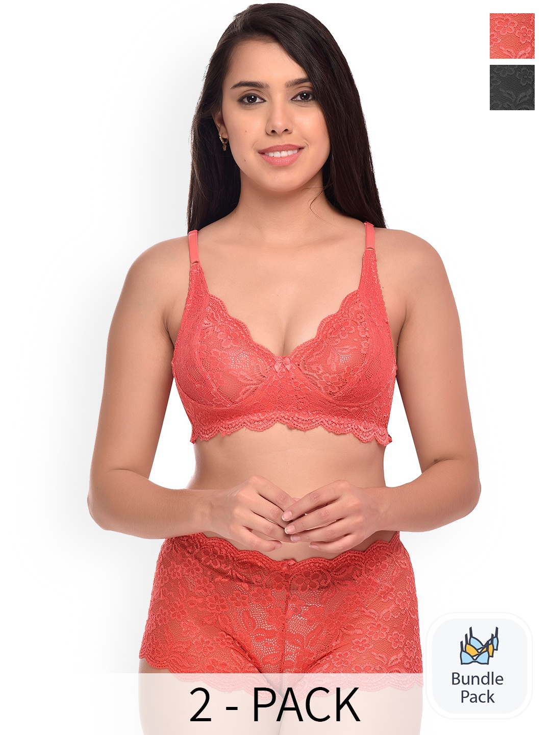 

AROUSY Pack Of 2 Self Design Lingerie Sets, Red