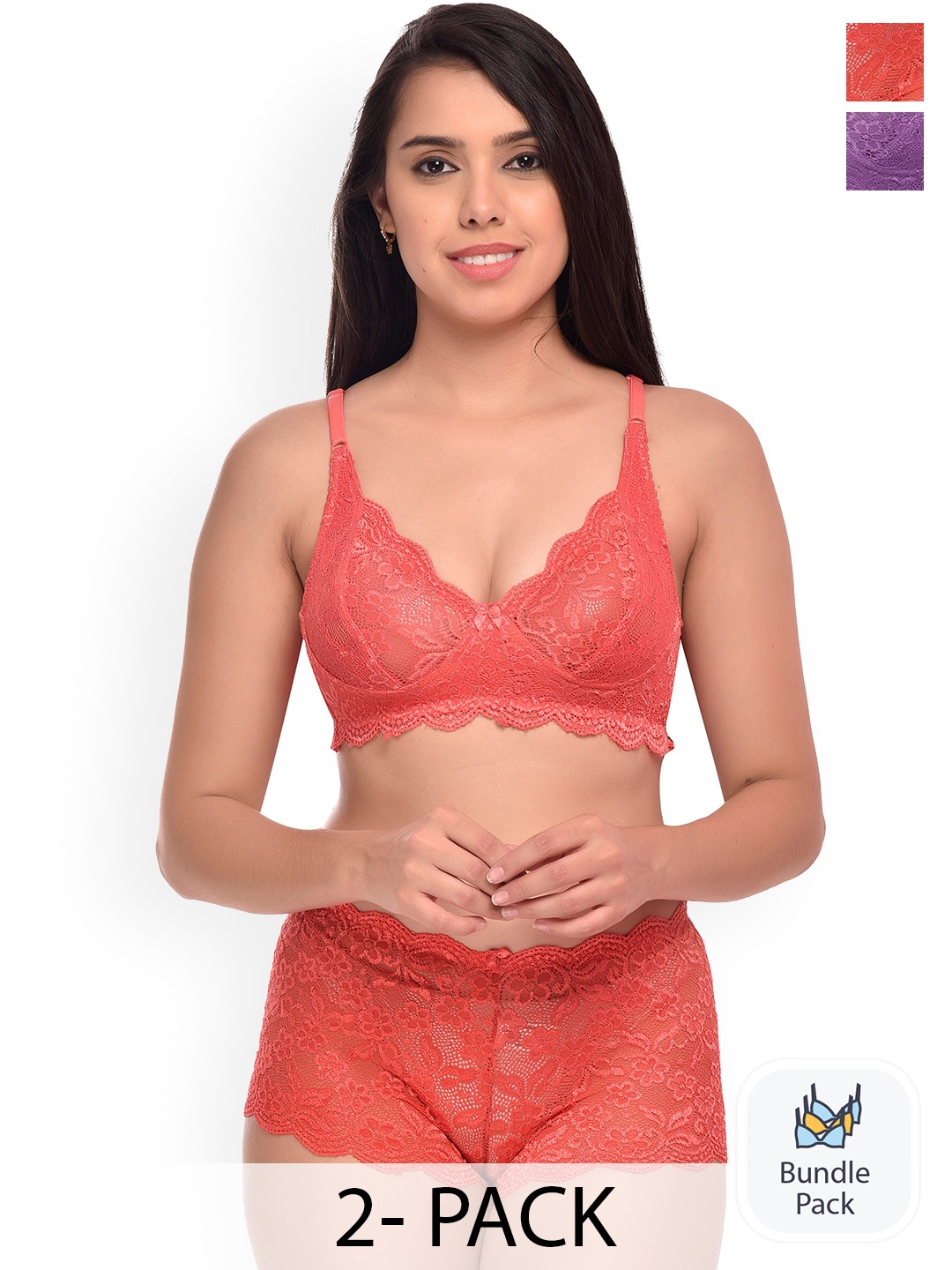 

AROUSY Pack Of 2 Self Design Net Lingerie Sets, Red