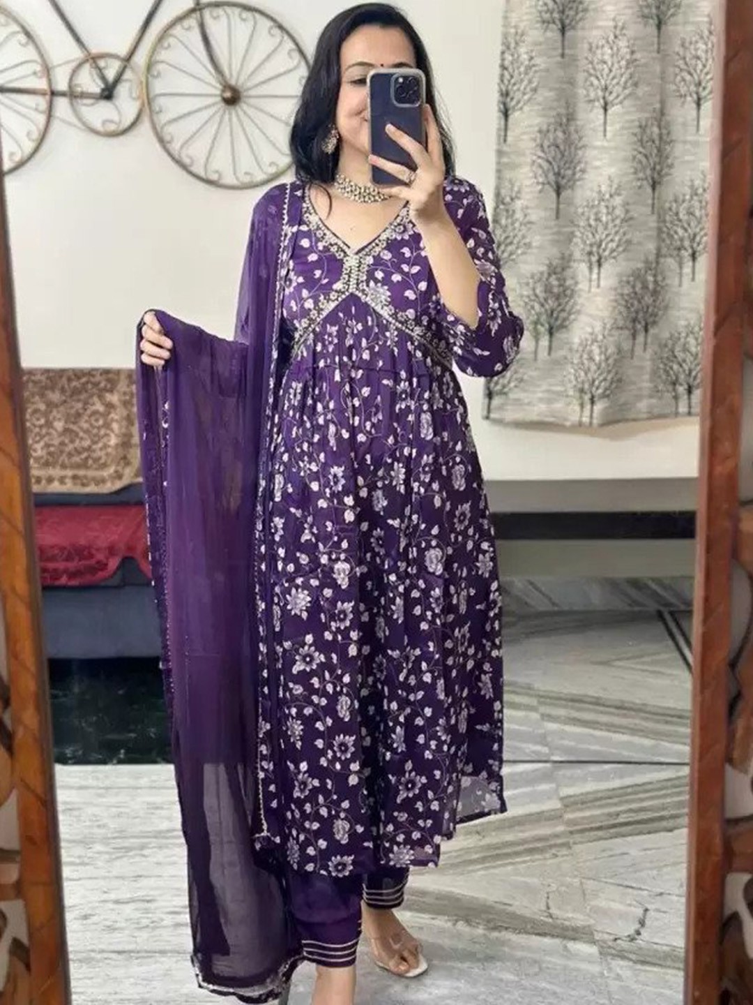 

KALINI Floral Printed Empire A-Line Kurta & Trousers With Dupatta, Purple