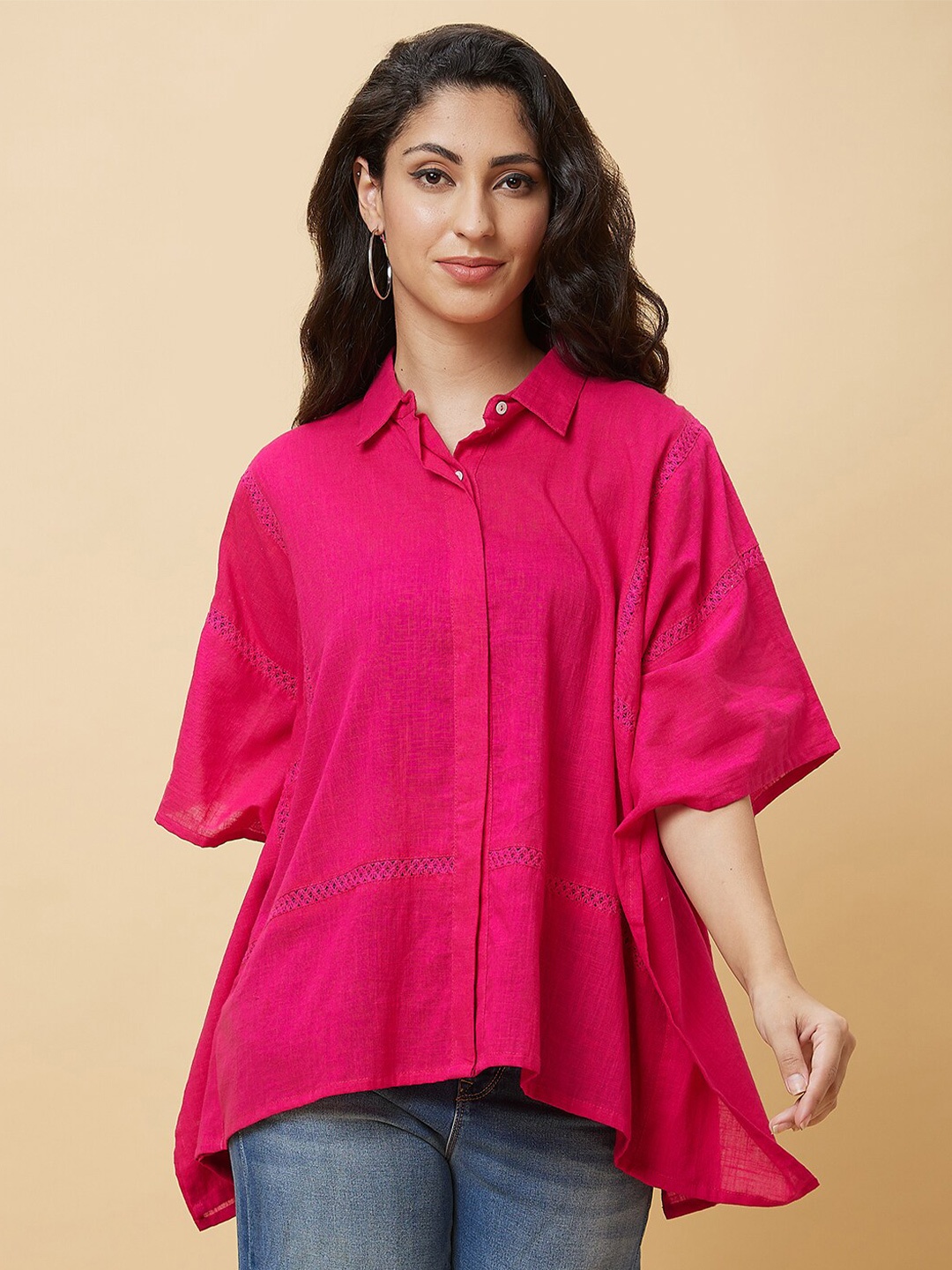 

Globus Shirt Collar Lace Inserts Asymmetric Hem Oversized Kaftan Tunic, Pink