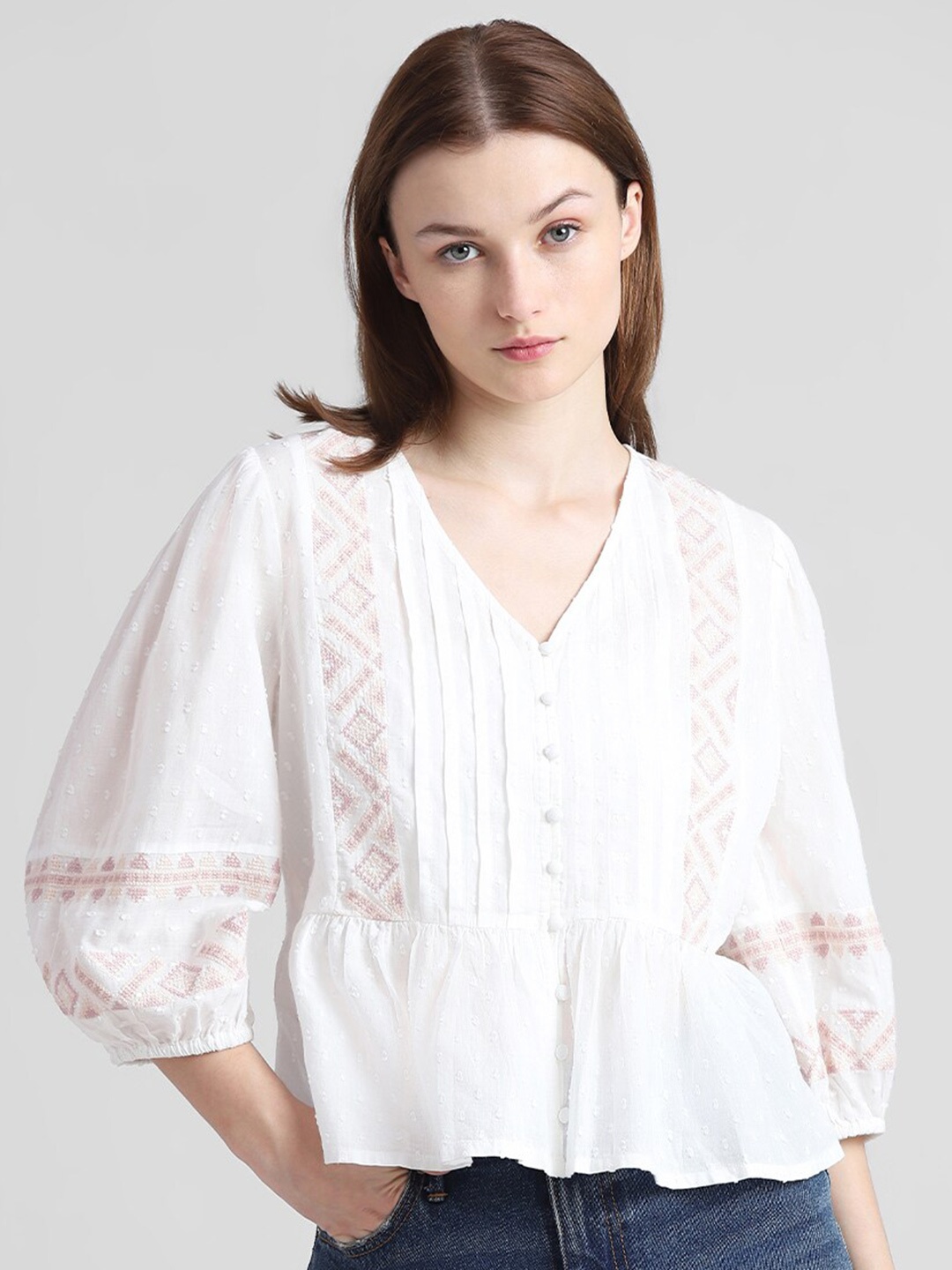 

ONLY Onldprism V-Neck Pleated Pure Cotton Top, White