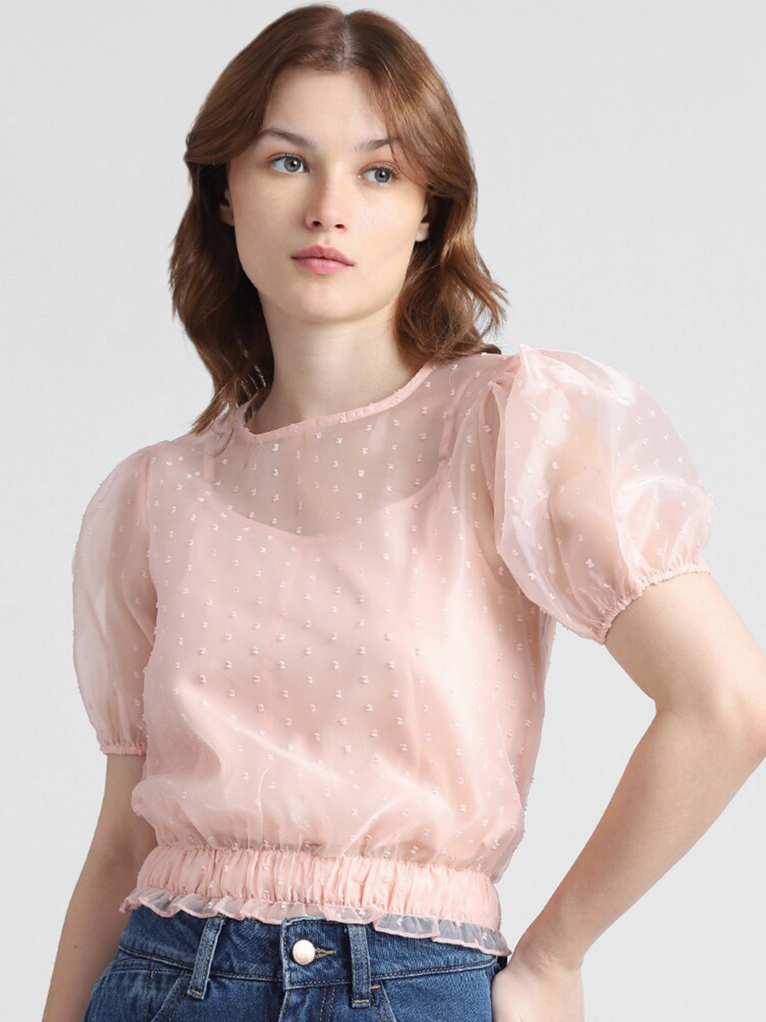 

ONLY Puff Sleeve Cotton Blouson Top, Peach