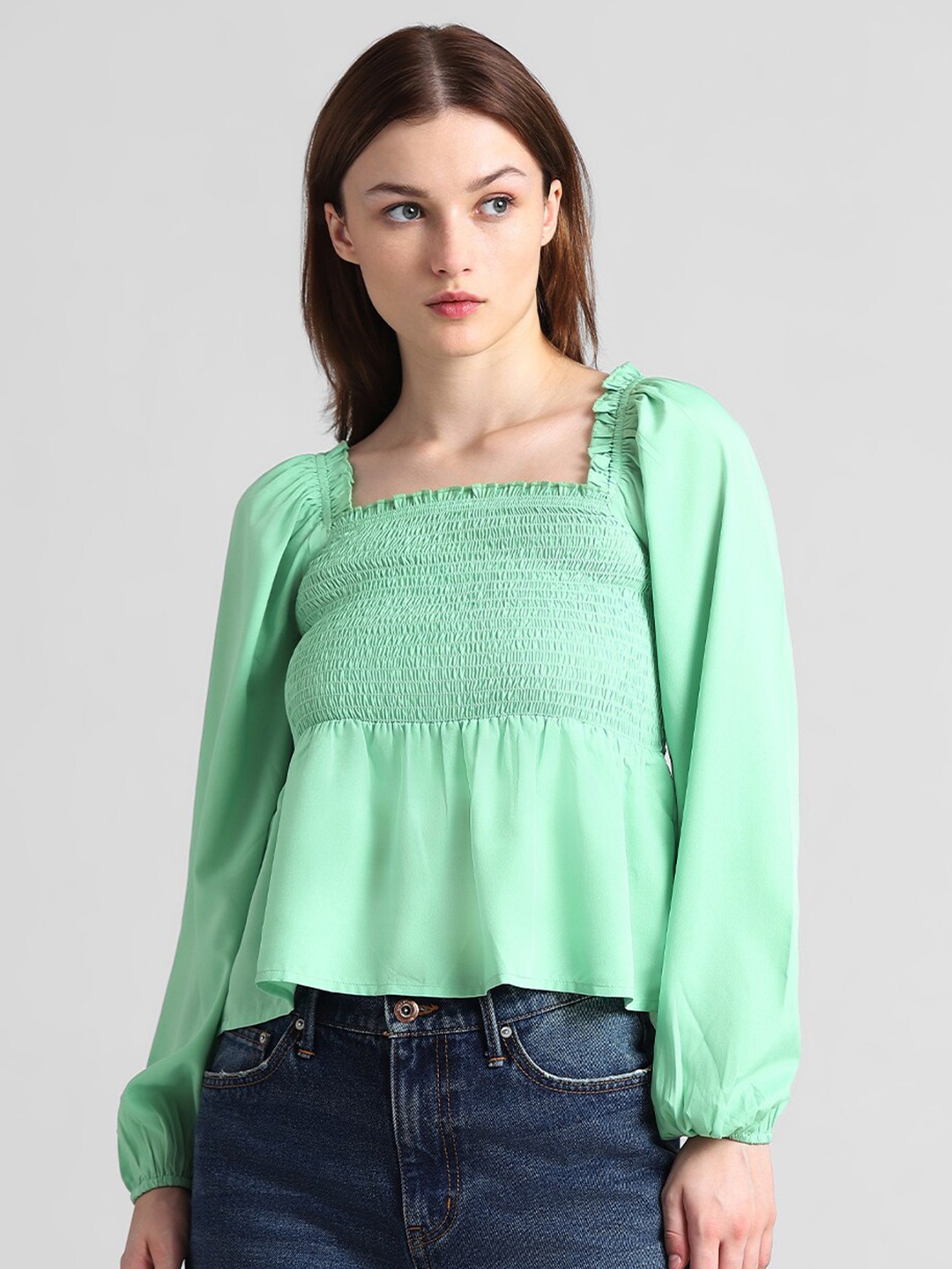 

ONLY Onldpassion Square Neck Puff Sleeves Smocked Top, Green