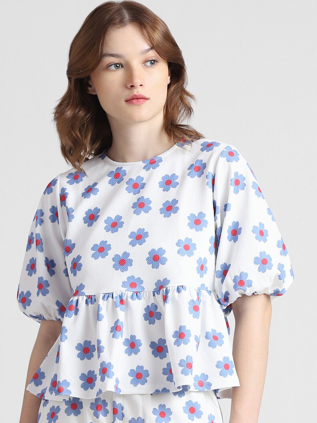 

ONLY Floral Print Cotton Top, White