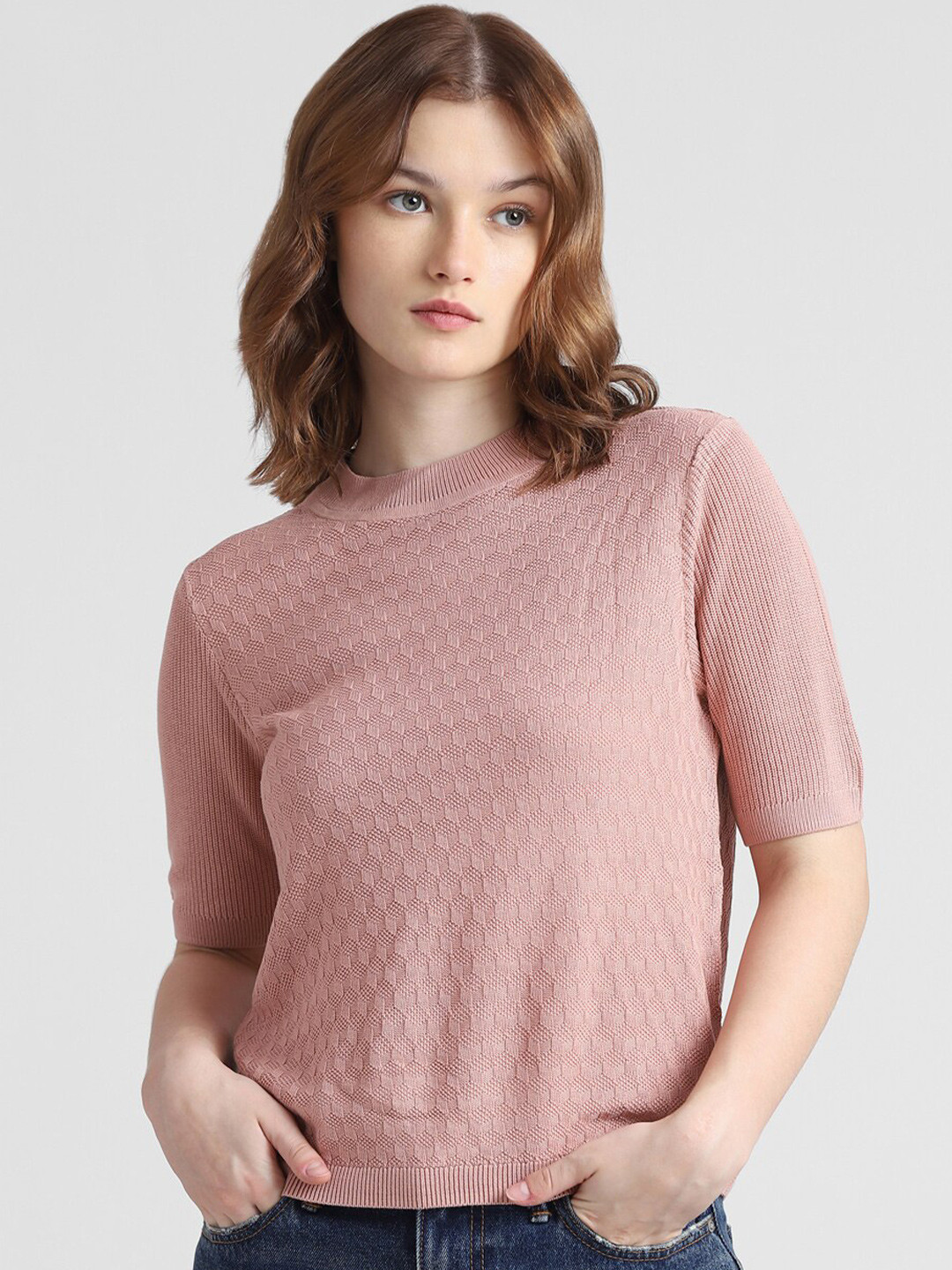 

ONLY Self Design Round Neck Top, Rose