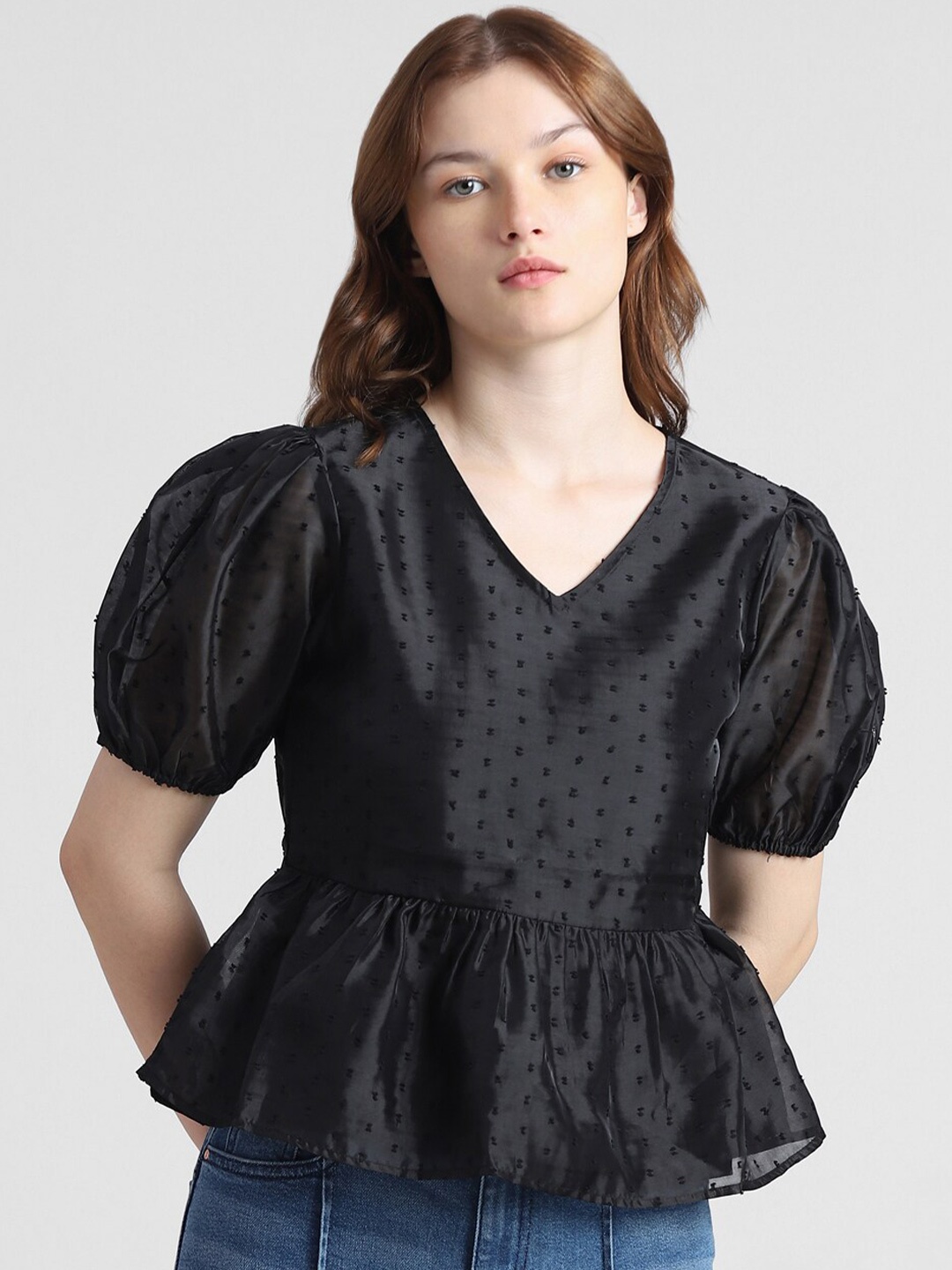 

ONLY Puff Sleeve Cotton Peplum Top, Black