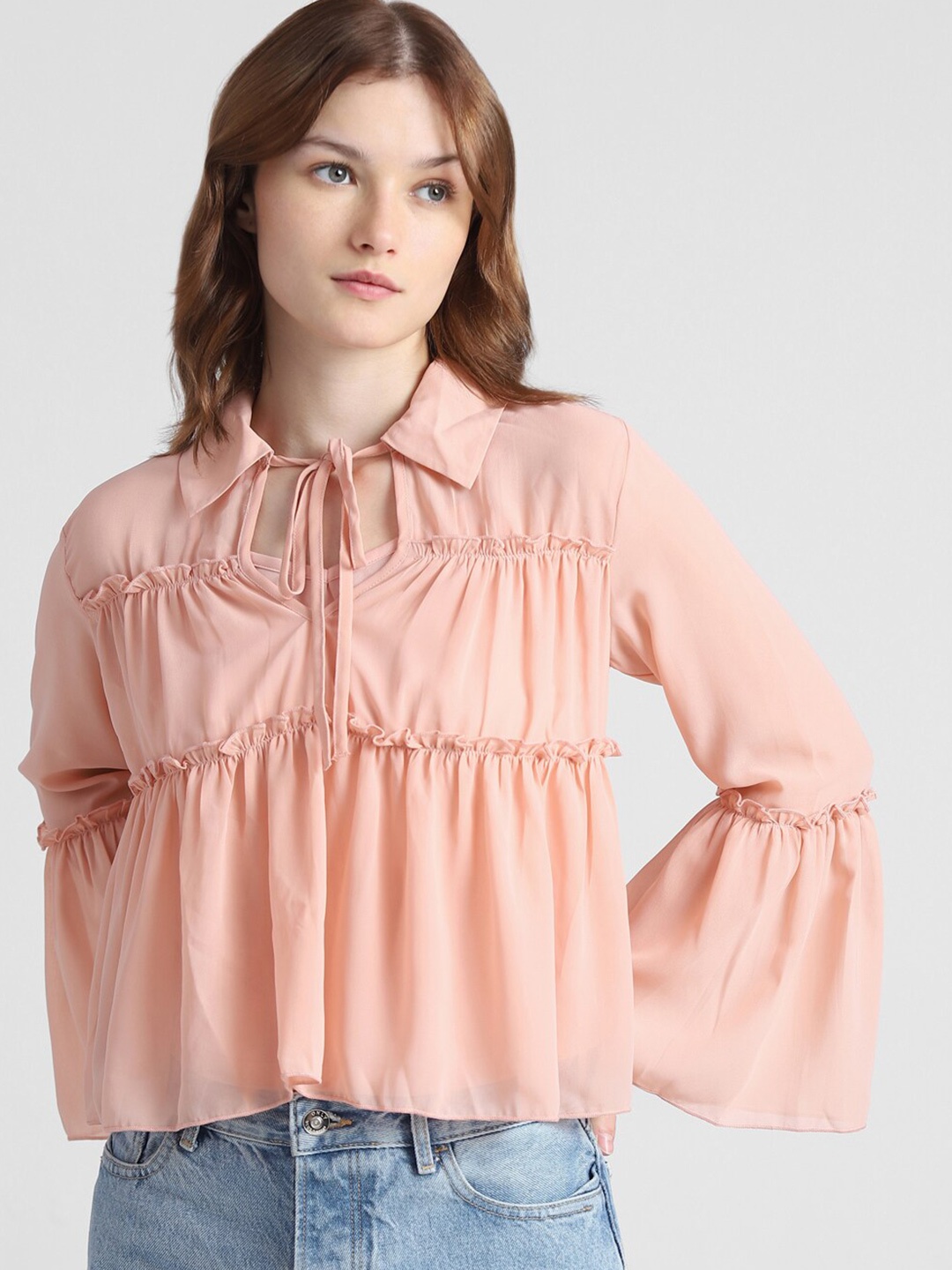 

ONLY Shirt Collar Bell Sleeve Top, Rose