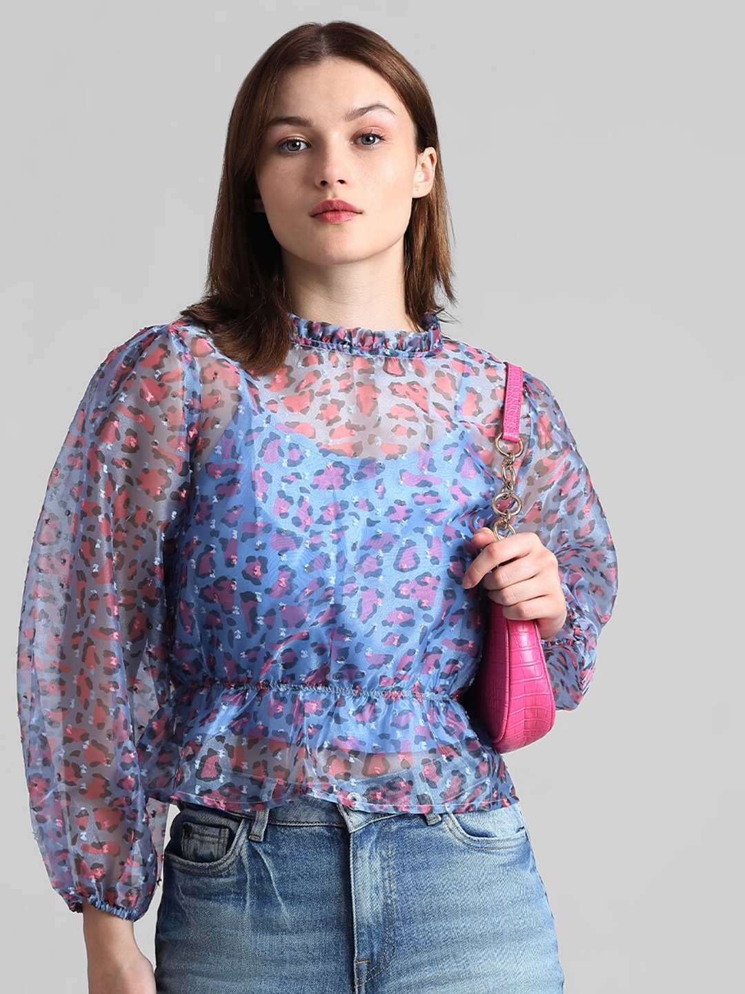 

ONLY Floral Print Cotton Blouson Top, Blue