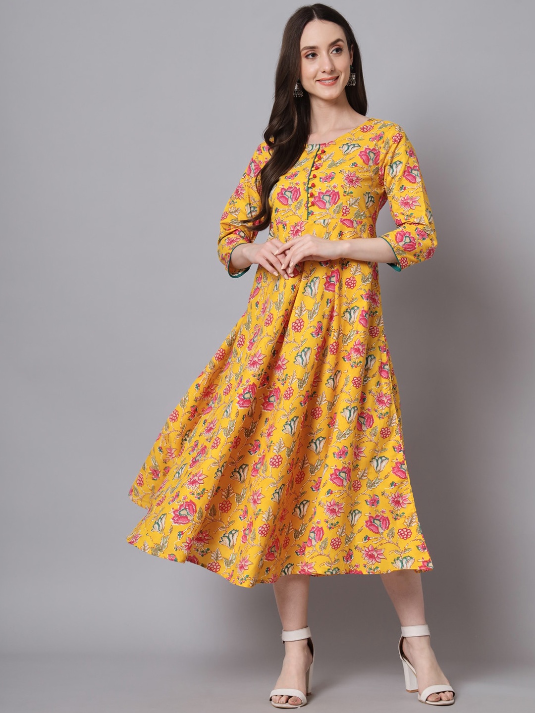 

RANGMAYEE Floral Printed Cotton A-Line Ethnic Dress, Yellow