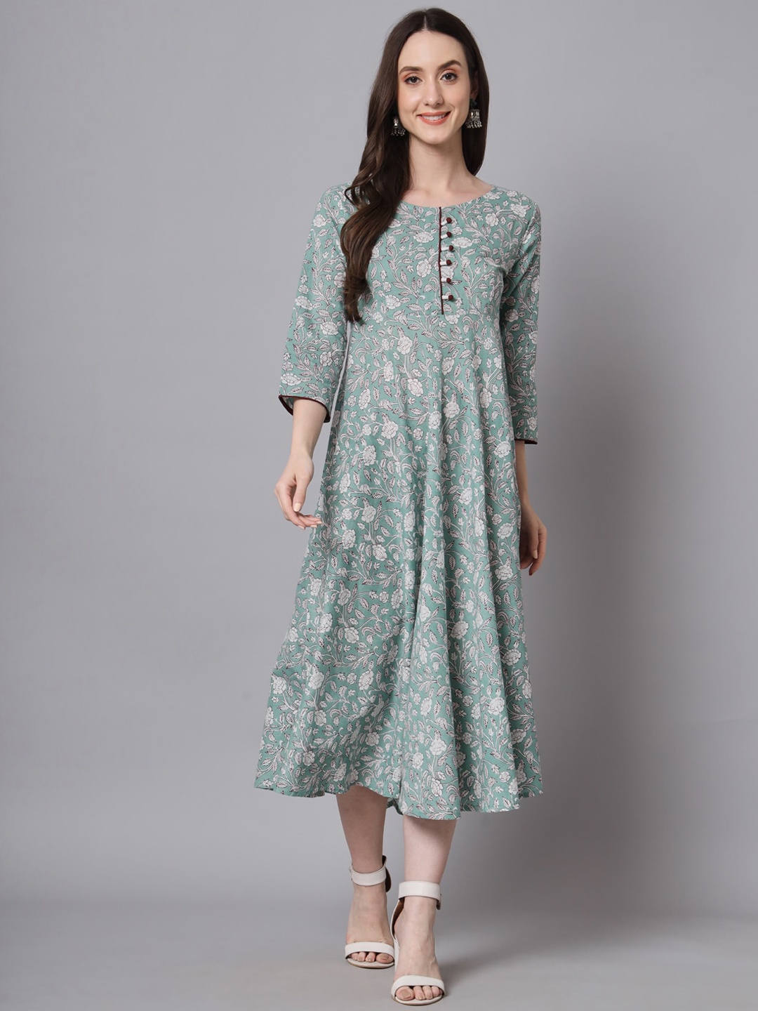 

RANGMAYEE Floral Printed Cotton A-Line Ethnic Dress, Grey