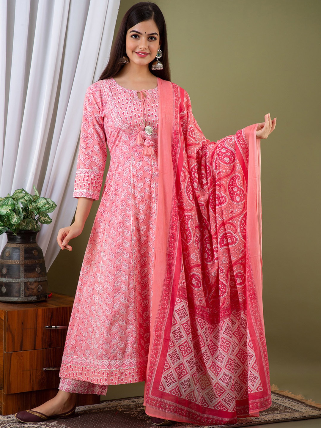 

KALINI Paisley Printed Pure Cotton Anarkali Kurta & Trousers With Dupatta, Pink