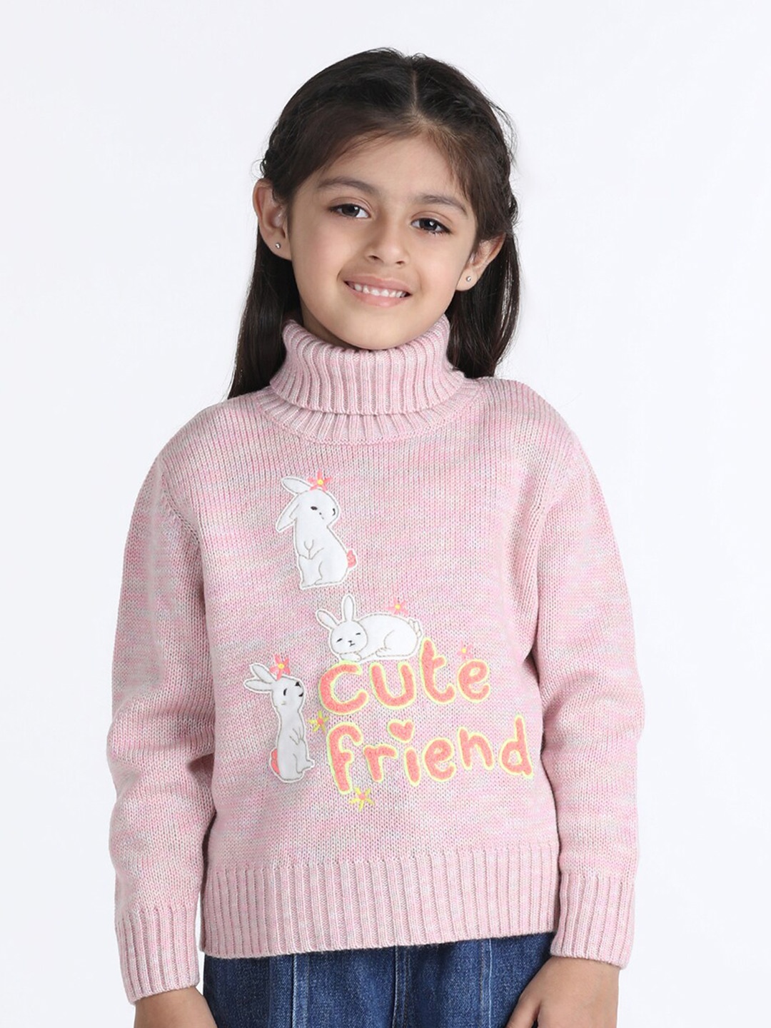

Wingsfield Girls Self Design Open Knit Applique Acrylic Pullover, Pink