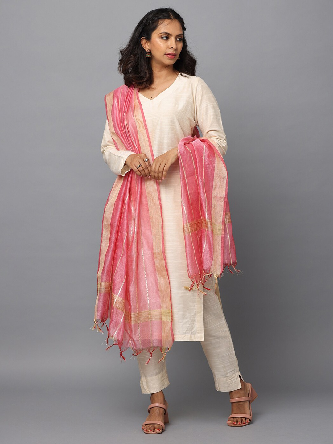 

HELLA FASHIONS Striped Woven Design Chanderi Dupatta With Zari, Pink