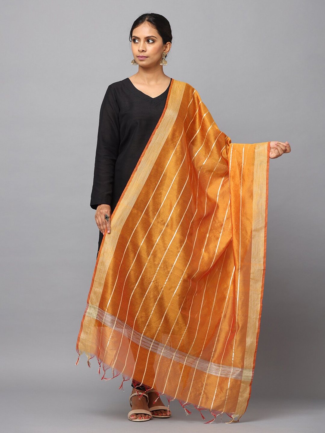 

HELLA FASHIONS Striped Woven Design Chanderi Dupatta With Zari, Orange