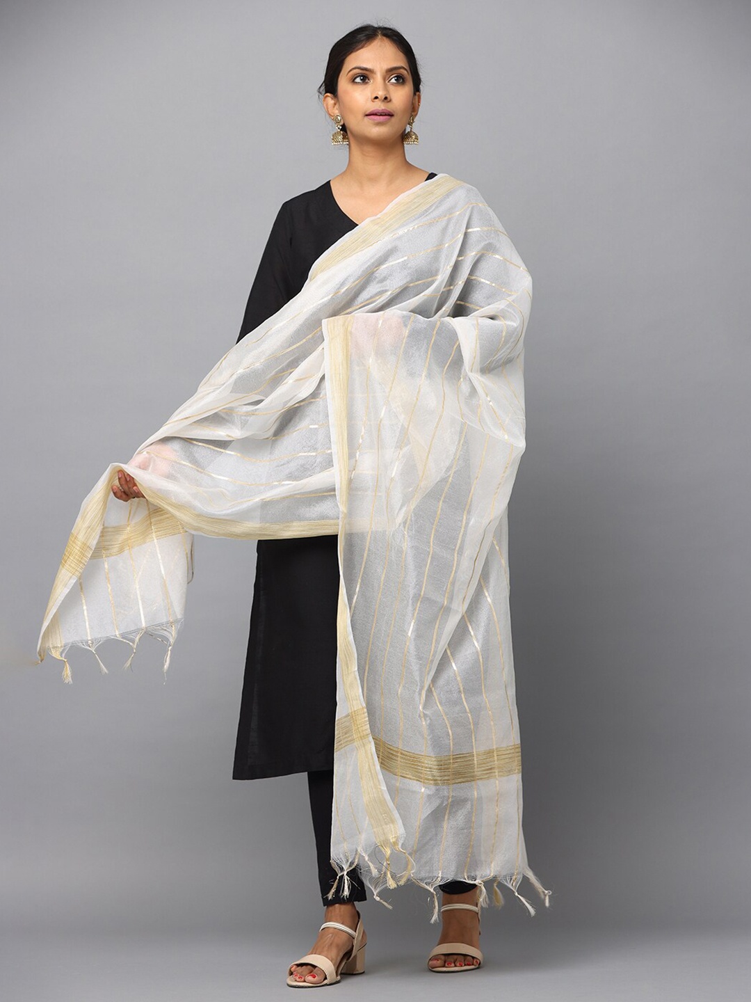 

HELLA FASHIONS Striped Woven Design Chanderi Dupatta With Zari, White