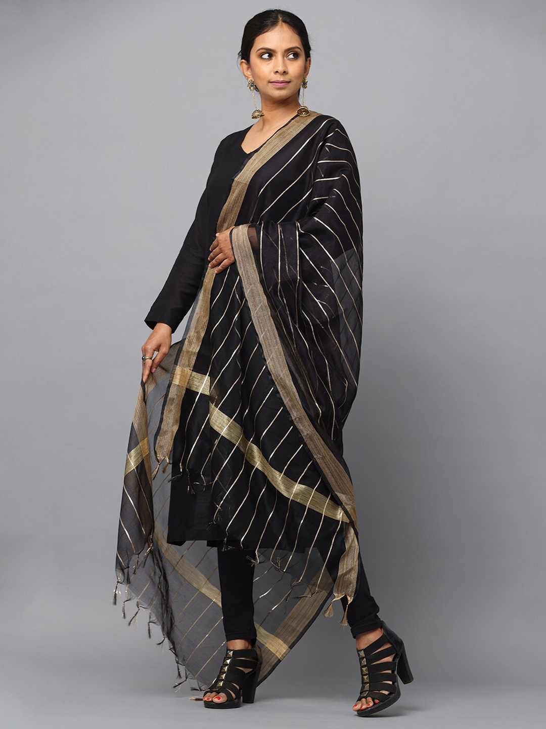 

HELLA FASHIONS Striped Woven Design Chanderi Dupatta With Zari, Black