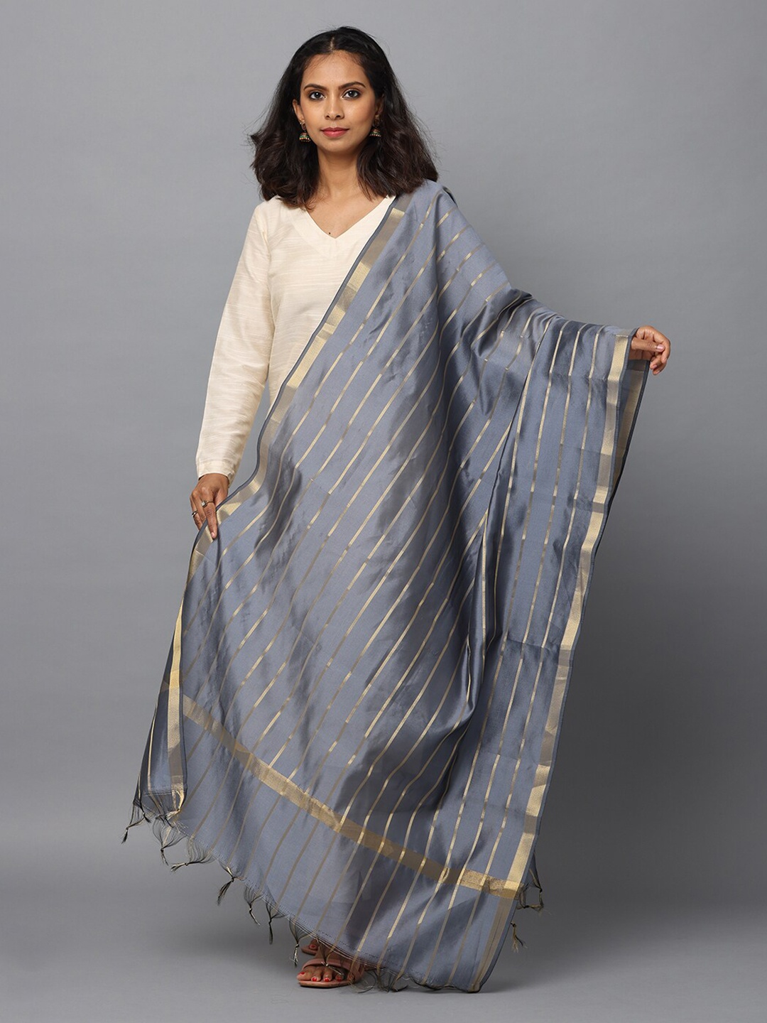 

HELLA FASHIONS Striped Woven Design Chanderi Dupatta With Zari, Grey