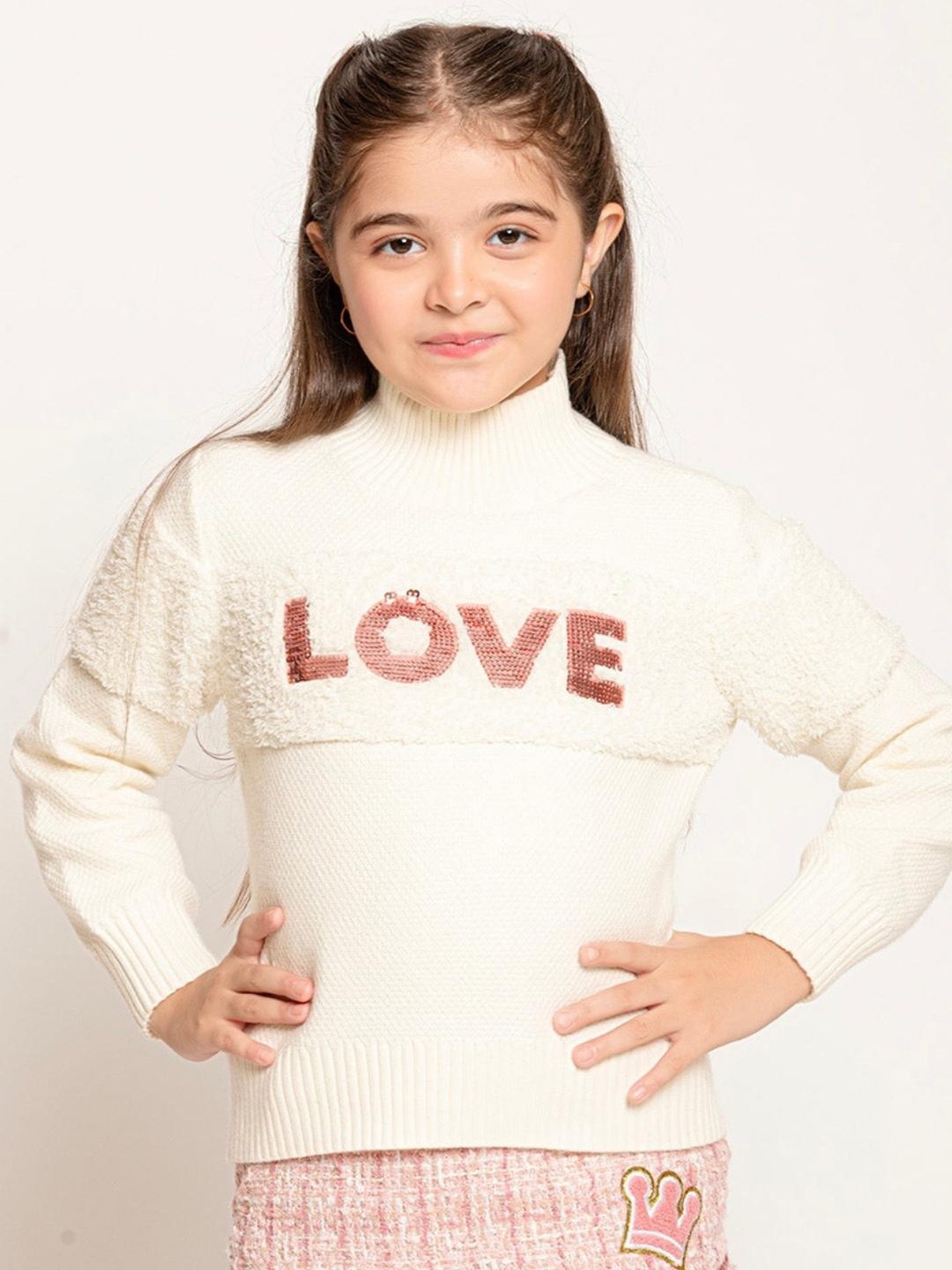 

One Friday Girls Typography Embellished Pullover Sweater, Off white