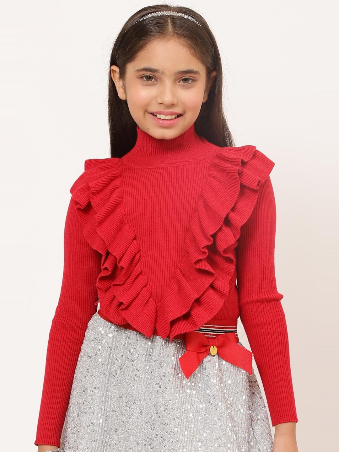 

One Friday Girls Ribbed Turtle Neck Pullover, Red