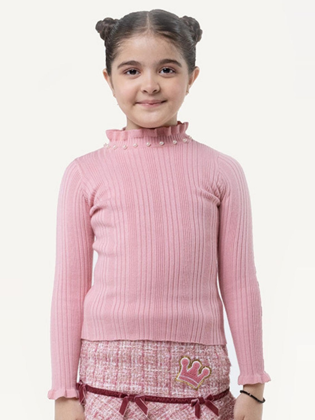 

One Friday Girls Striped Mock Collar Pullover, Pink