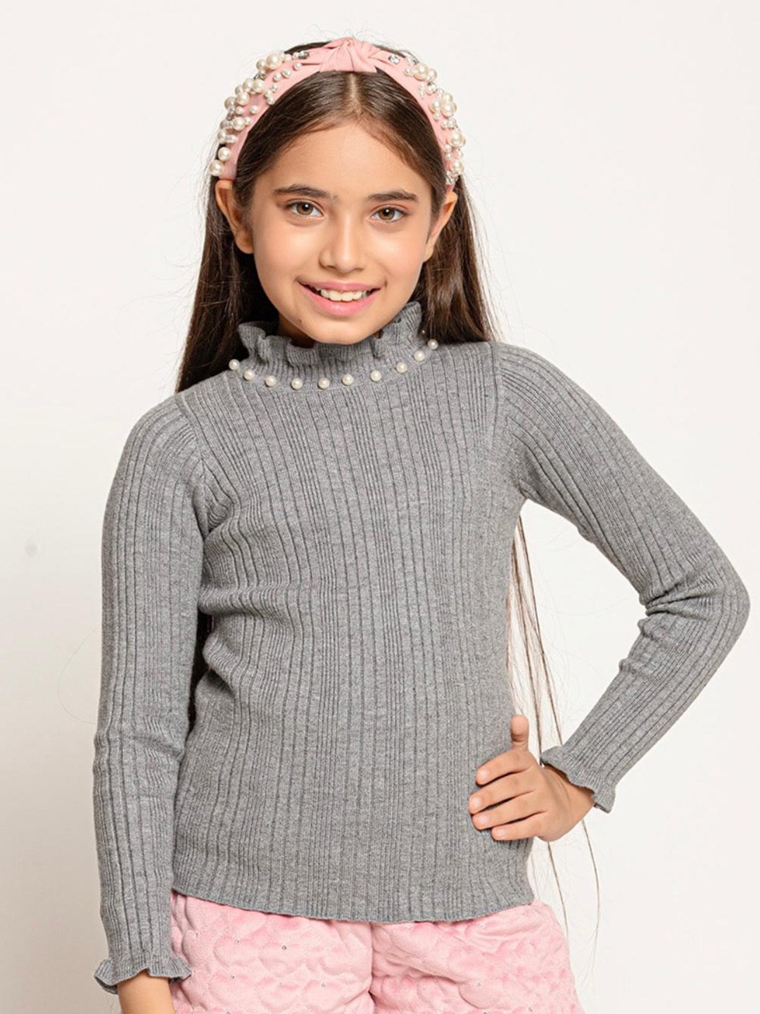 

One Friday Girls Striped Mock Collar Pullover, Grey