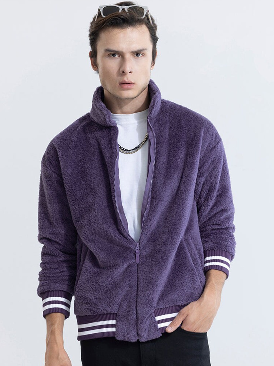 

Snitch High Neck Pure Cotton Open Front Jacket, Purple