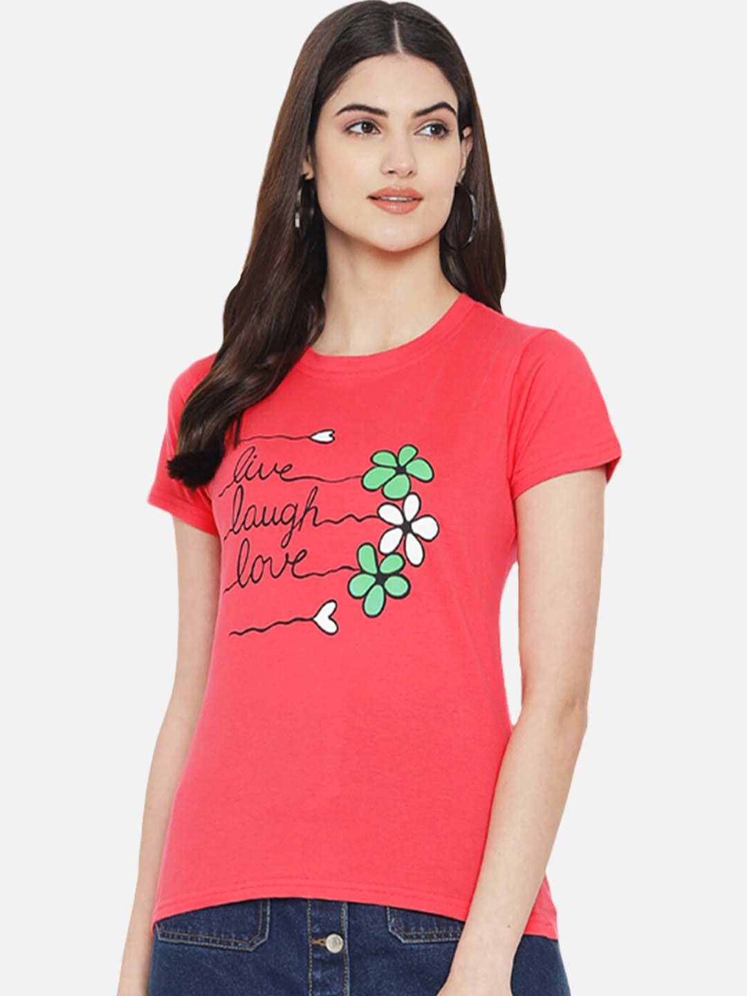 

Fabflee Women Typography Printed Pure Cotton T-shirt, Red