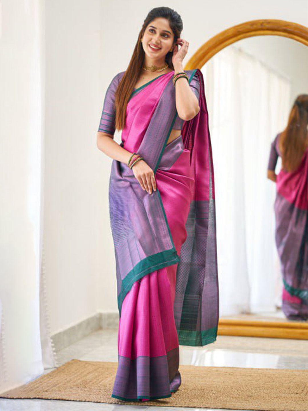 

SHIJILA Zari Kanjeevaram Saree, Pink