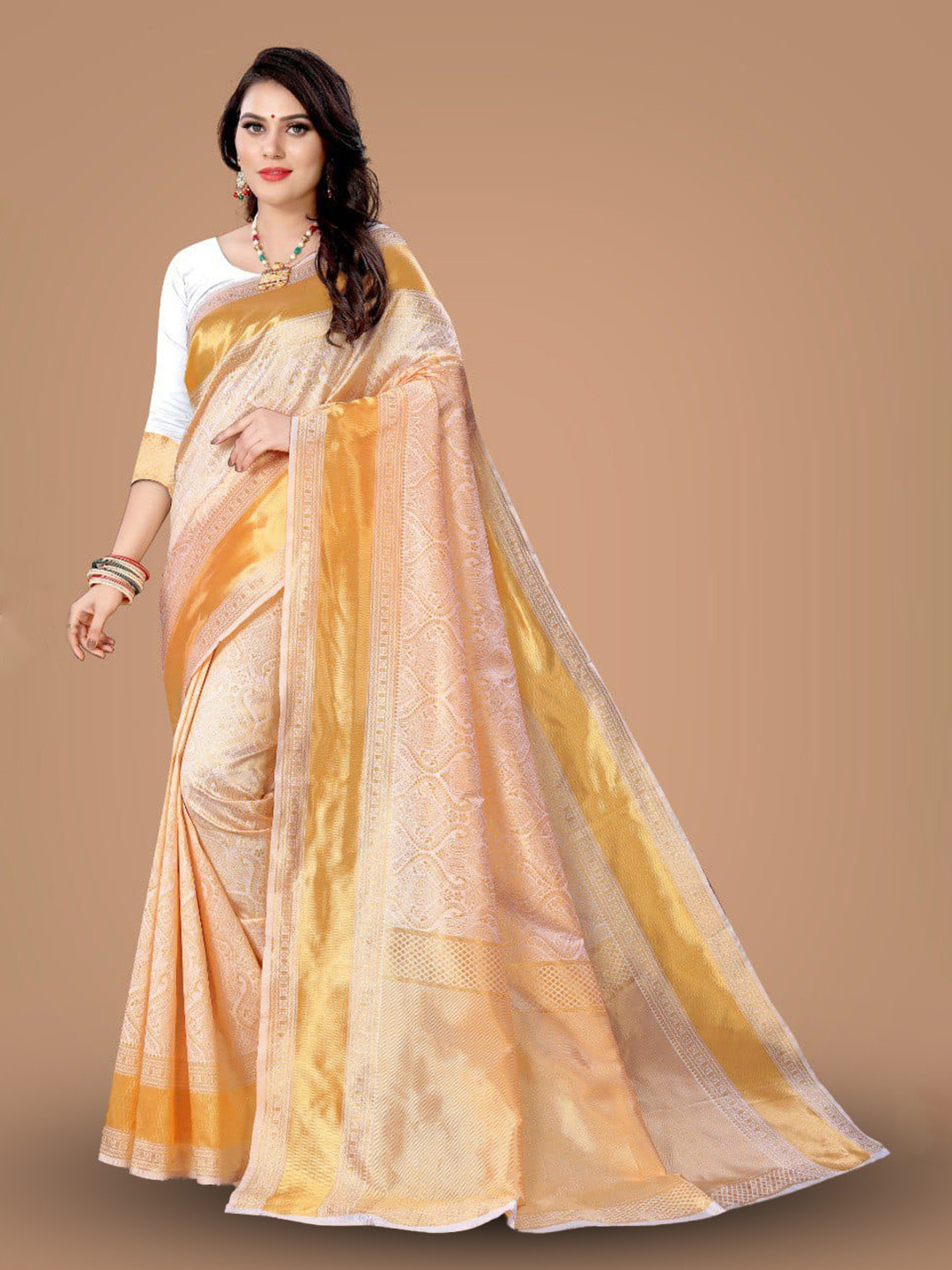 

SHIJILA Ethnic Motifs Woven Design Zari Kanjeevaram Saree, White