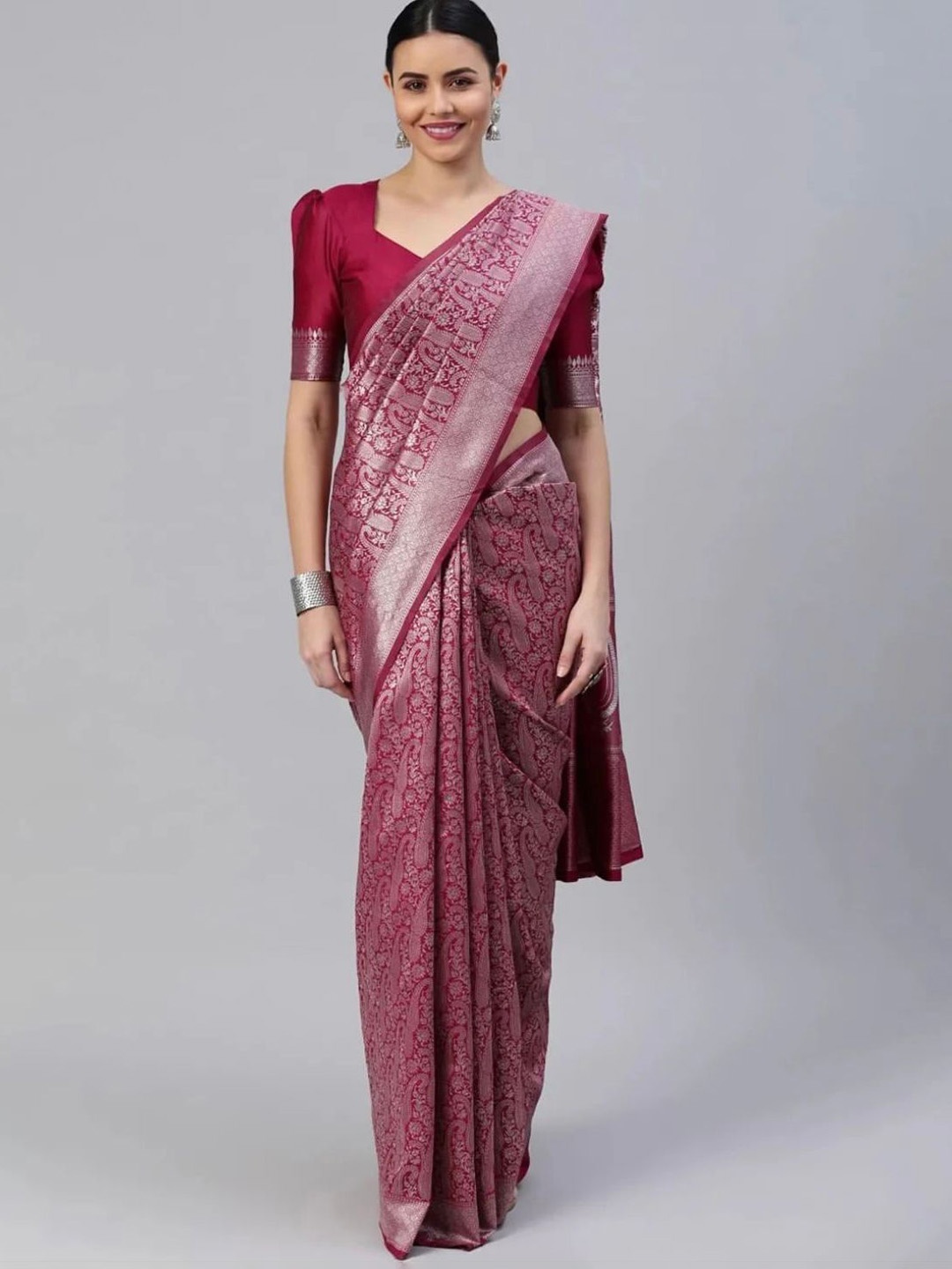 

SHIJILA Paisley Woven Design Zari Detail Kanjeevaram Saree, Purple