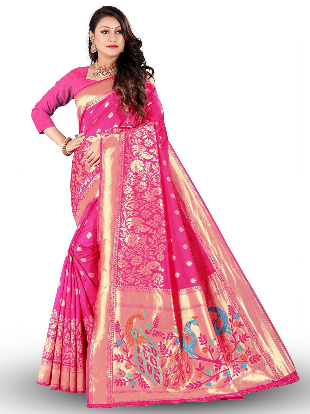 

SHIJILA Ethnic Motifs Woven Design Zari Kanjeevaram Saree, Pink