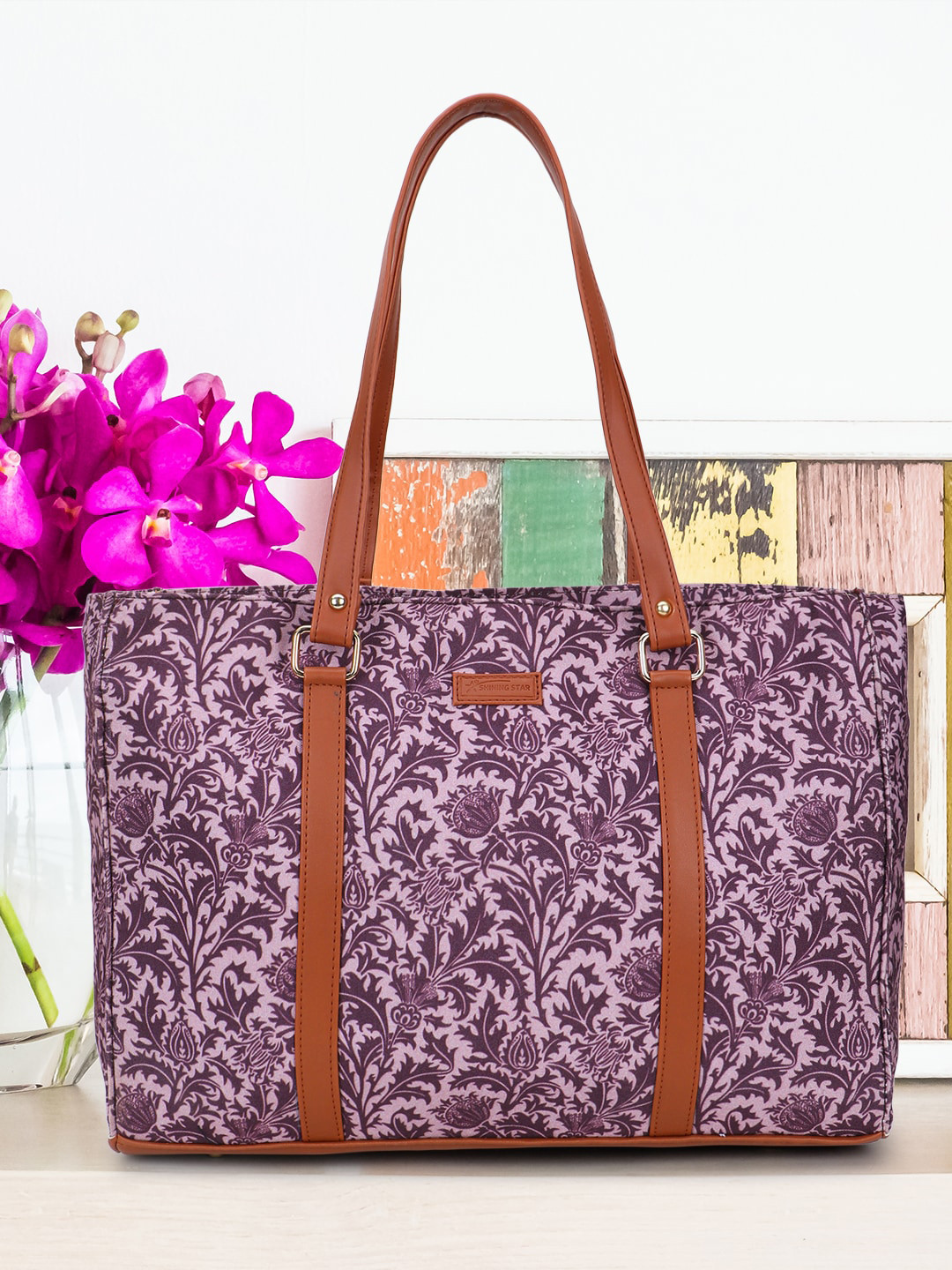 

SHINING STAR Floral Printed PU Oversized Shopper Shoulder Bag with Tasselled, Pink