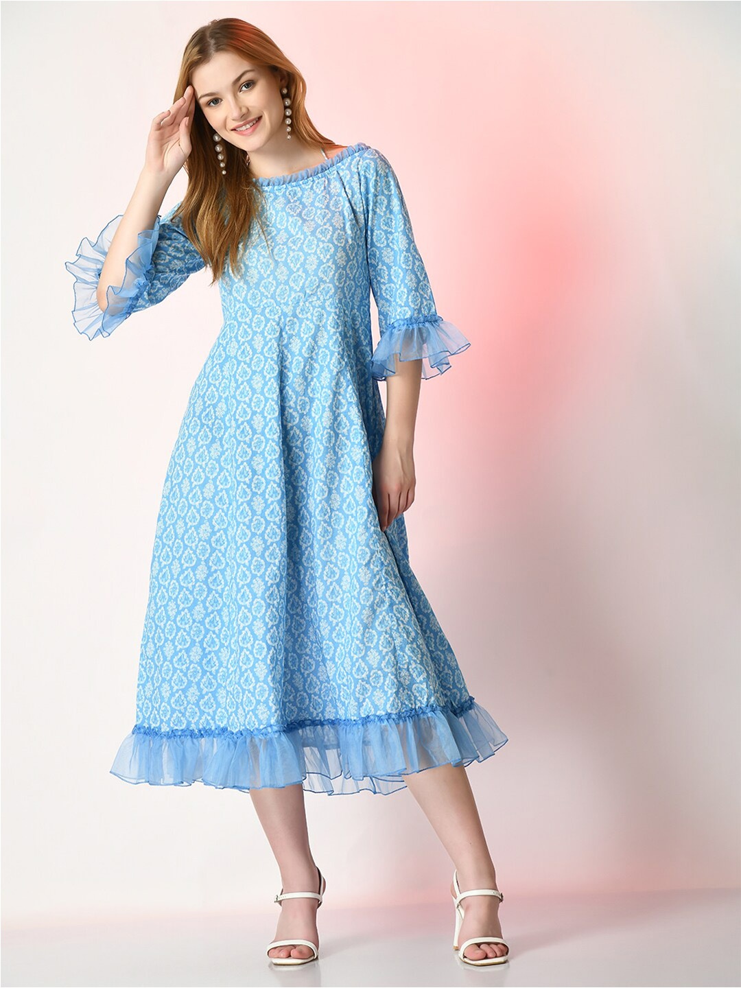 

DressBerry Blue & White Floral Printed Ruffled Bell Sleeves Cotton A-Line Midi Dress